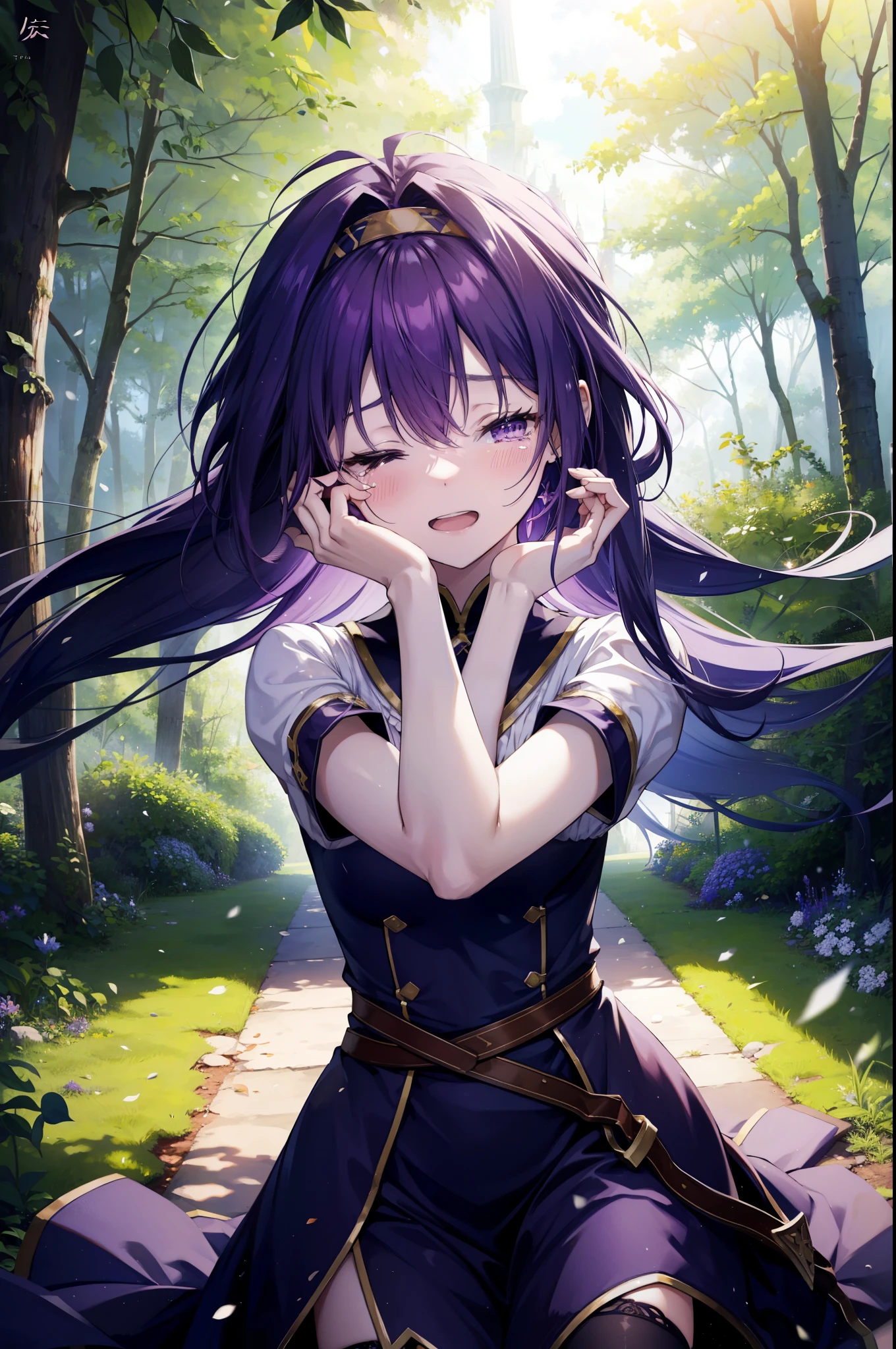 yuukikonno, Yuki Konno, hair band, long hair, pointed ears, purple hair, (small breasts:1.2), open your mouth,crying with both eyes closed,tears run down her face,cry a lot,Light of the sun,Clear skies,
break black Thighhighs, removed sleeve, Thighhighs, dress, purple dress, armor, purple armor,
break looking at viewer, Upper body, full body,
break outdoors, forest, nature,
break (masterpiece:1.2), highest quality, High resolution, unity 8k wallpaper, (figure:0.8), highly detailed face, perfect lighting, Very detailed CG, (perfect hands, perfect anatomy),
