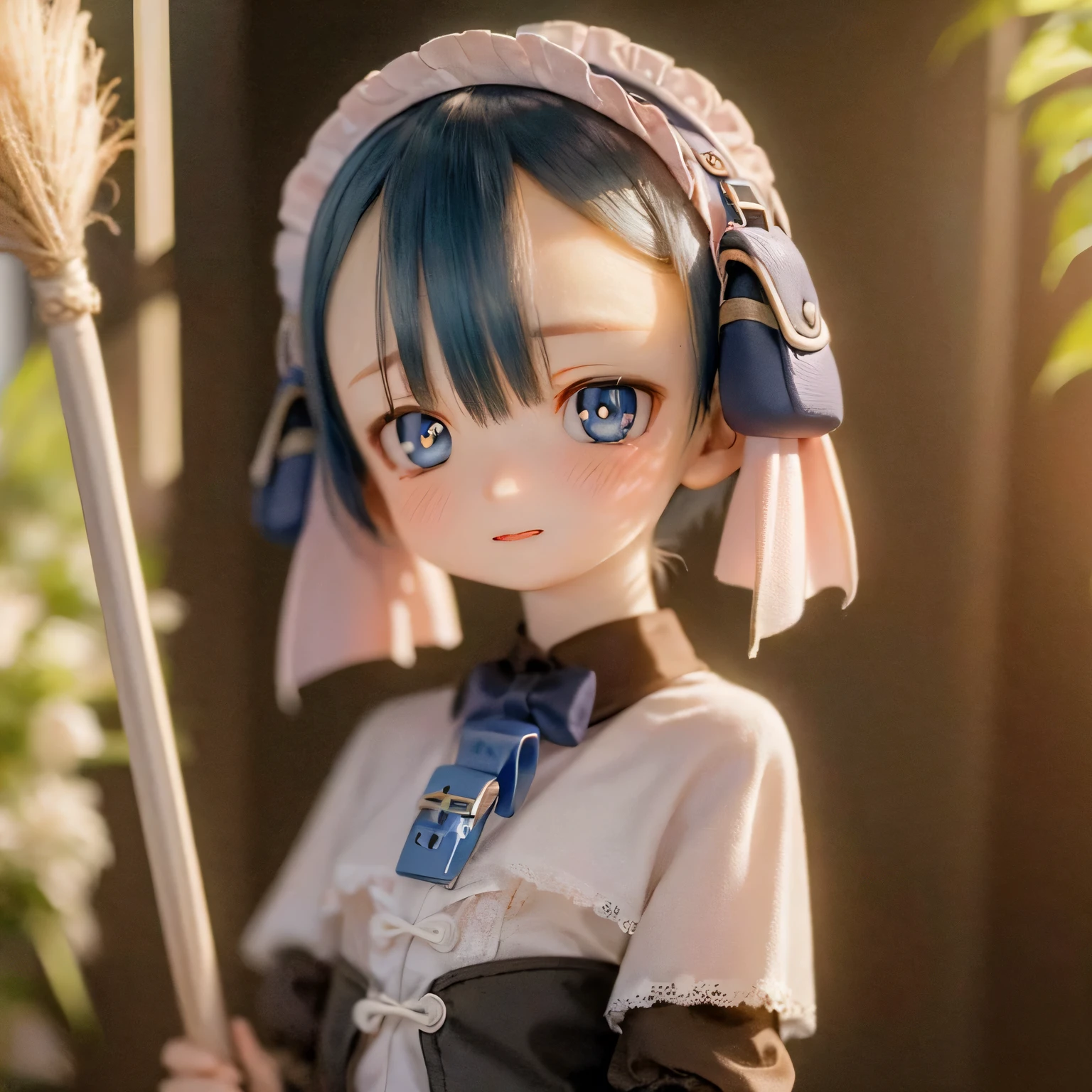 (best quality, highres, masterpiece:1.2),ultra-detailed,realistic:1.37,Maluluk from Made in Abyss,(best quality, highres, 4k, ultra-detailed, masterpiece:1.2), realistic, HDR, vivid colors, sharp focus, studio lighting, extreme detail description, professional, portraits, anime, blue tones, natural lighting, **** girl, blonde curly hair, flat chest, gothic ****ta clothes, innocent expression, delicate features, long eyelashes, expressive eyes, rosy cheeks, soft lighting, dreamy atmosphere, whimsical background(((((((curtsey)))))))full body inside the mansion 
holding a broom