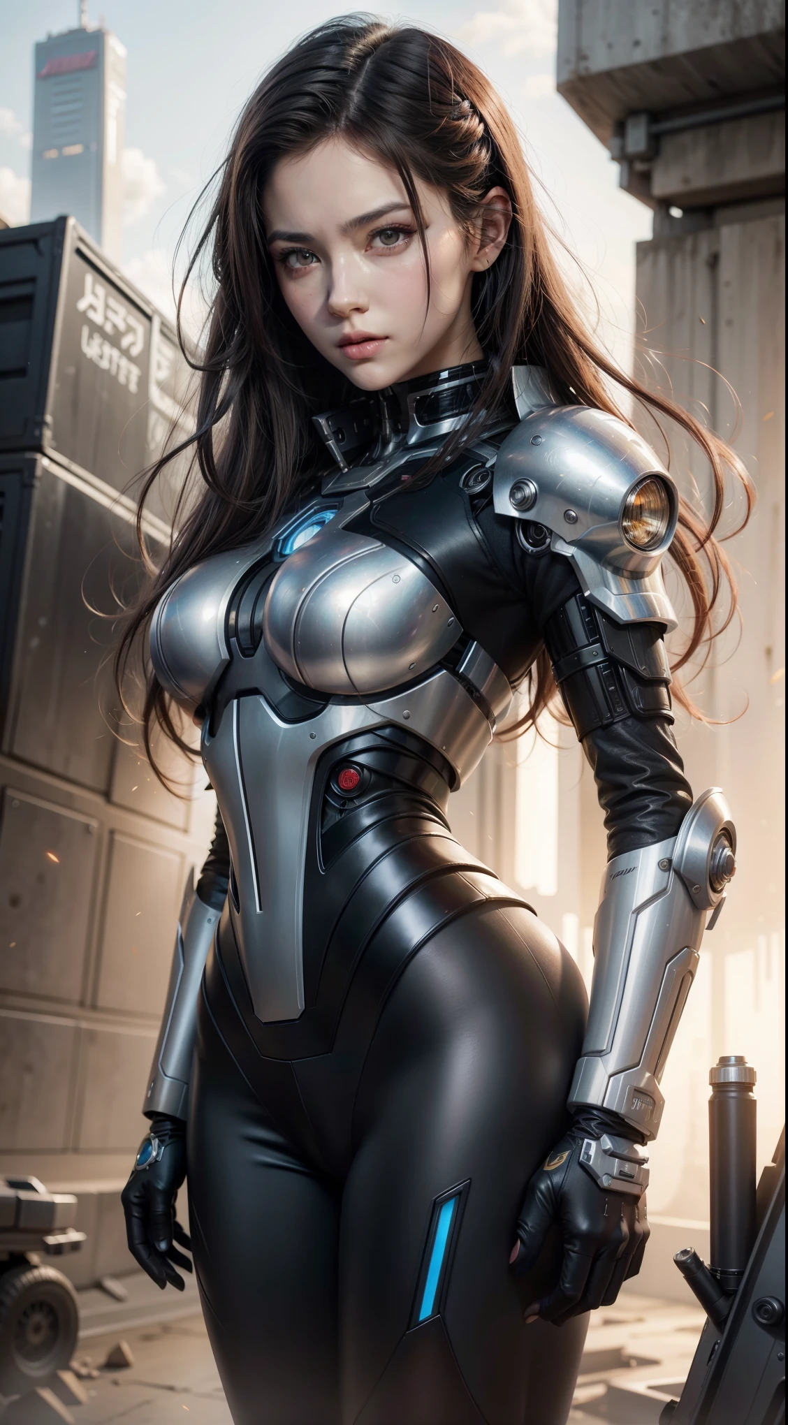 8K,A woman with one arm who is a cyborg,Super Beauty(Realistic Skin),Martial Arts Posture,Powerful gaze,Muscular, slim body and lower body,Fearless smile,Perfect Anatomy,charm,Volume measurement,Body balance,Digital single-lens reflex camera, Soft lighting, Detailed Background, Written boundary depth, Volumetric lighting, Sharp focus, Absurd, Realistic proportions, Excellent anatomy, (Realistic, 超Realistic:1.4), 16K HDR, dawn,A High Resolution,super Realistic 肌,Super beautiful expression,Fantasy art,Character Art,Wind effects:1.9、Cloud Effect:1.2、Full Rendering、Professional quality high resolution、Perfect contrast、Perfect lighting、Perfect composition、Perfect Skin、Perfect Fingers、Perfect breasts、Perfect Hair、Perfect Face、Realistic facial features,super highest quality,Slim figure,Perfect body line,Perfect hand shape,Anatomical body balance,Highly detailed face,Highly detailed eyes,Beautiful Lips,Excellent light particles,Cinema Lighting,Makeup,Ultra-high resolution,Ultra-Realistic Skin,