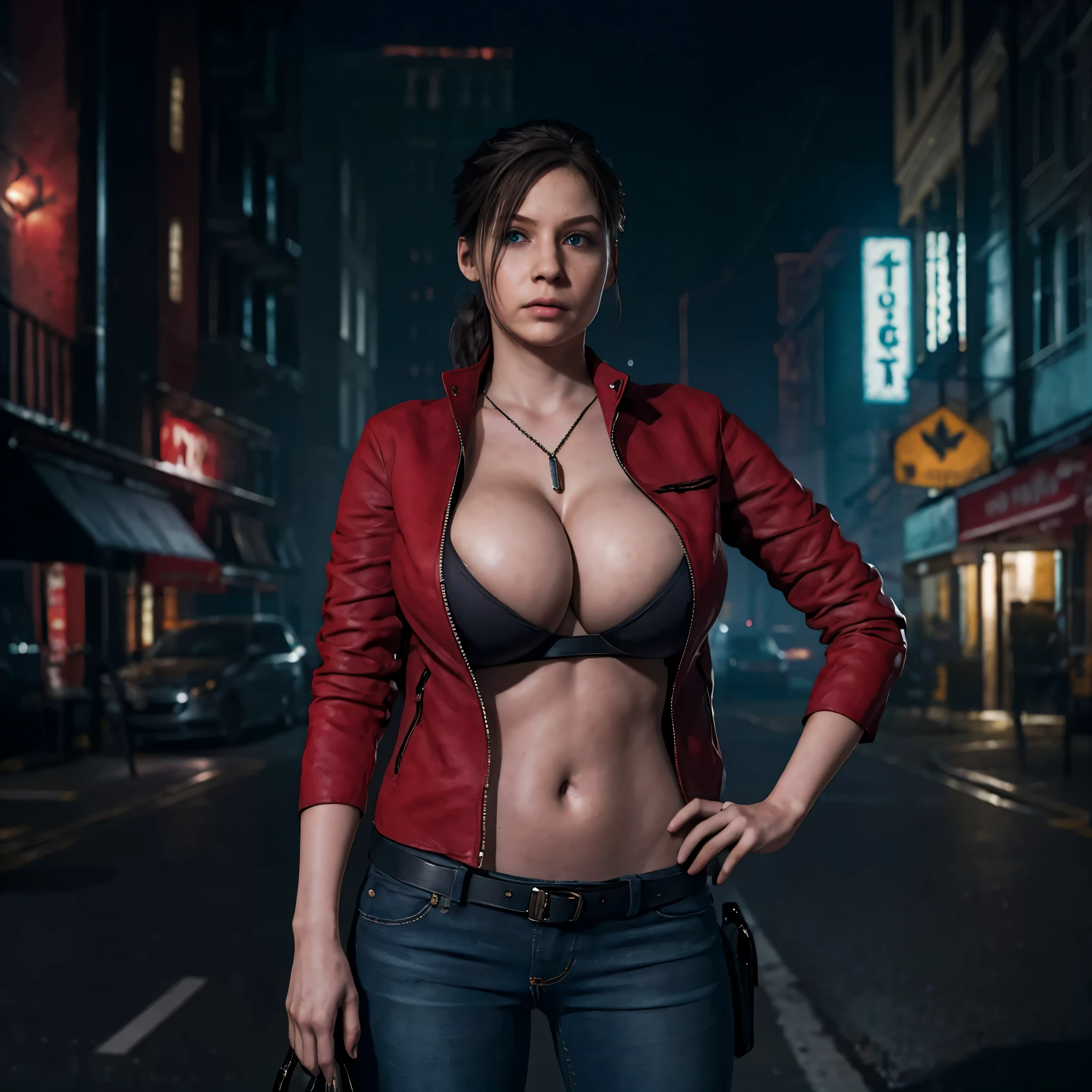 (masterpiece:1.2, Best Quality:1.2), ((Claire Redfield, super beautiful woman)), Resident evil, (Red jacket, White shirt, Long jeans, torn jeans), (Colossal tits:1.5, Huge boobs:1.5, Huge breasts:1.5, gigantic cleavage breasts:1.5), (Detailed face, Detailed skin texture, Perfect slim body), (in abandoned convenience store:1.3), Night, Dark atmosphere,
