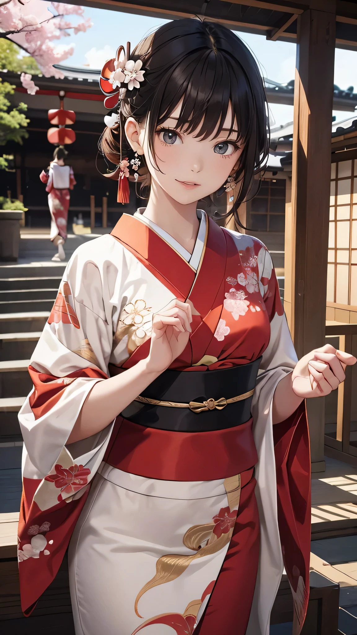 In a futuristic scene, Mechanically enhanced Japanese geisha、Elegant in an elaborate garden. She has beautifully detailed eyes and lips that complement her face. Geishas wear traditional kimonos with intricate patterns and designs.。.。14 year old girl.. Around her are bright cherry blossoms and a quiet carp pond. The scenes are drawn using a combination of illustration and photorealism, cherry blossoms吹雪,Highly detailed brush strokes and sharpness, bright colors. Lighting that highlights the graceful figure of a geisha, Gives your skin a soft porcelain-like glow。. Artwork is of the highest quality, Displaying the exquisite details of geisha costumes, cherry blossoms, With sparkling carp scales. The overall color scheme is、、、traditional Japanese color combinations, crimson, hang on., black people, With subtle gold accents, with a futuristic twist. Fusion of ancient tradition and modern technology、、Create mesmerizing and visually impressive masterpieces.The background is a traditional Japanese design in bright red and white.、random pose、I&#39;m smiling、Kimono with delicate pattern