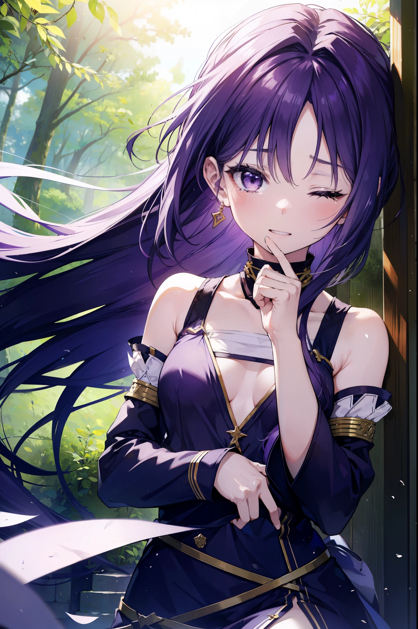 yuukikonno, Yuki Konno, hair band, long hair, pointed ears, purple hair, (small breasts:1.2), open your mouth,crying with both eyes closed,tears run down her face,cry a lot,Light of the sun,Clear skies,
break black Thighhighs, removed sleeve, Thighhighs, dress, purple dress, armor, purple armor,
break looking at viewer, Upper body, full body,
break outdoors, forest, nature,
break (masterpiece:1.2), highest quality, High resolution, unity 8k wallpaper, (figure:0.8), highly detailed face, perfect lighting, Very detailed CG, (perfect hands, perfect anatomy),