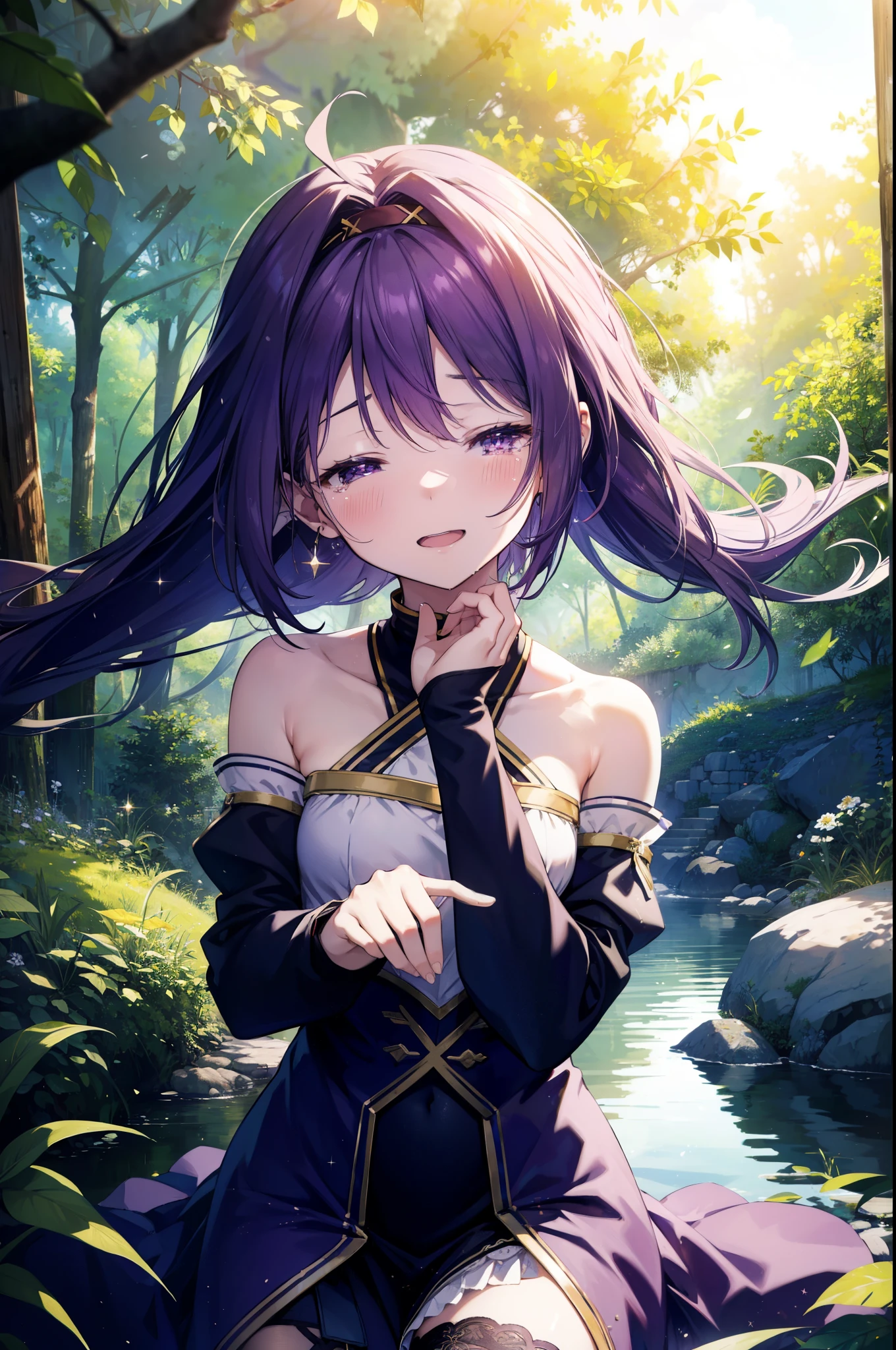 yuukikonno, Yuki Konno, hair band, long hair, pointed ears, purple hair,  (small breasts:1.2), open your mouth,crying with both eyes closed,tears run down her face,cry a lot,Light of the sun,Clear skies,
break black Thighhighs, removed sleeve, Thighhighs, dress, purple dress, armor, purple armor,
break looking at viewer, Upper body, full body,
break outdoors, forest, nature,
break (masterpiece:1.2), highest quality, High resolution, unity 8k wallpaper, (figure:0.8), highly detailed face, perfect lighting, Very detailed CG, (perfect hands, perfect anatomy),