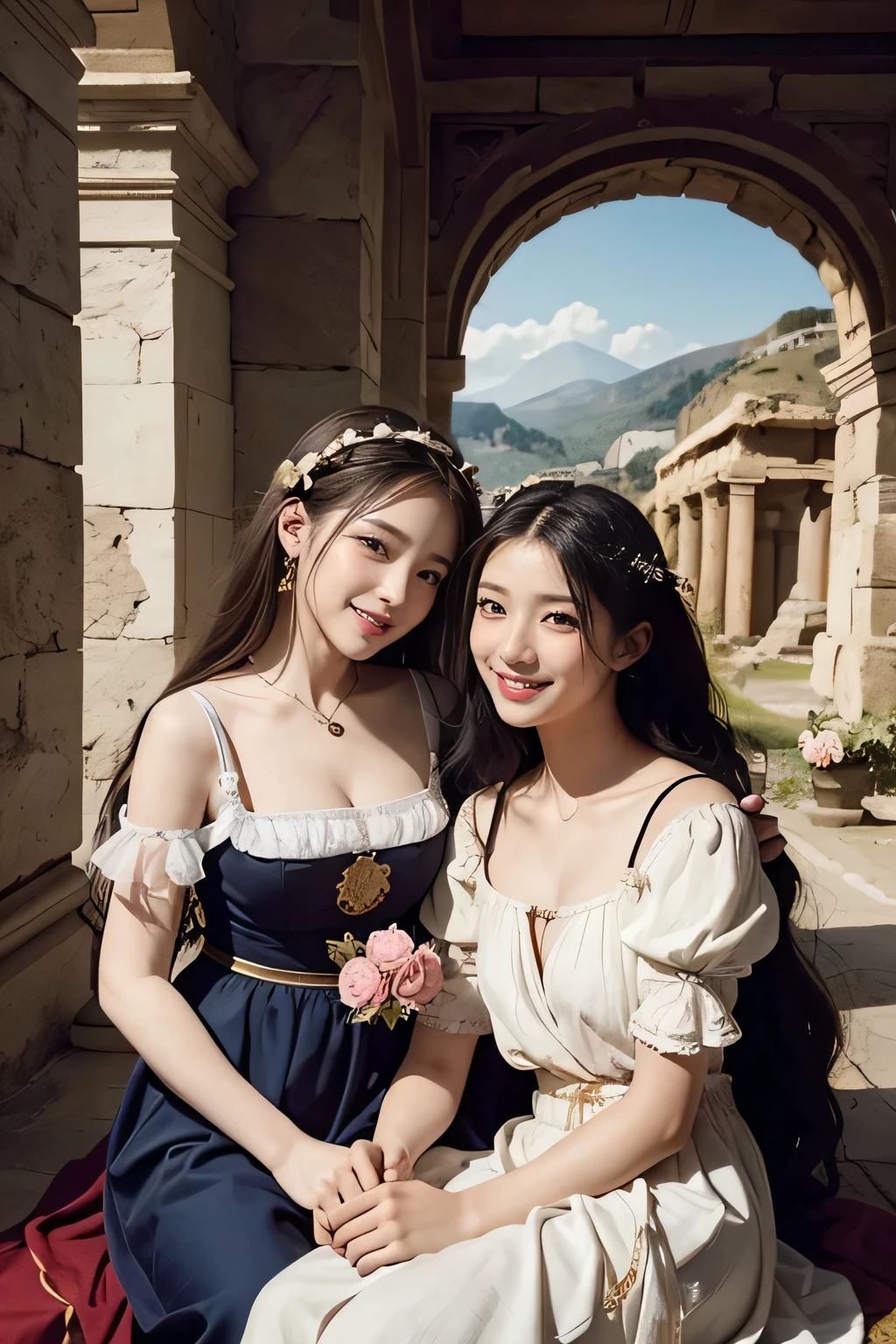 Giorgione painting style,Arguments of two female Philosophe,math、astronomical machine、astronaut、roses in vase、fruits、Cute trinkets、smile、ancient greek costume、Ancient Roman landscape in the style of Nicolas Poussin,laughter,,Sweet and seductive appearance.、Caravaggio's paintings、Chiaroscuro of Caravaggio、hair tousled by the wind,Two women frolicking,cute smile, expression of ecstasy,Sexy,erotic