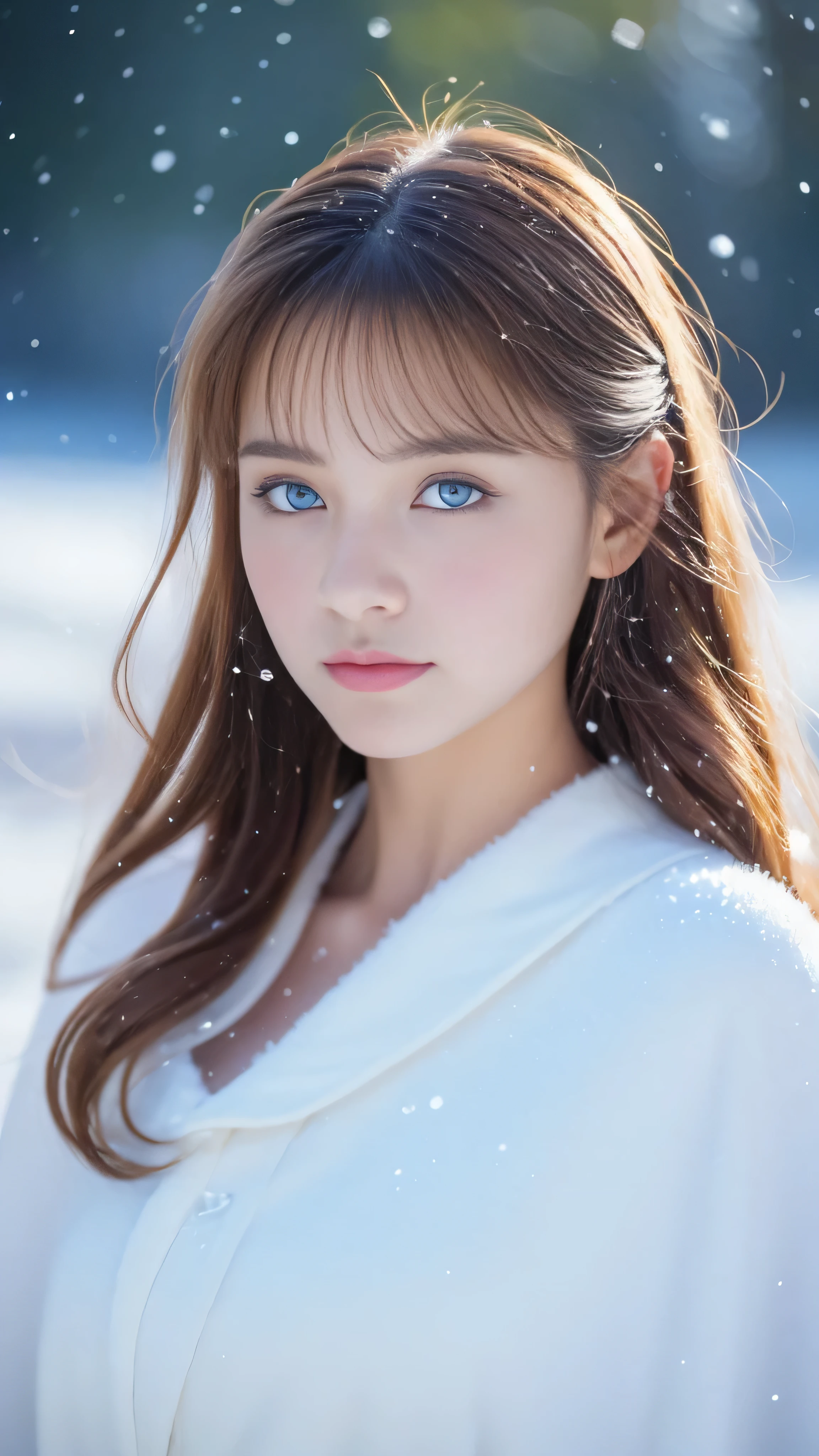 (highest quality, 8k, 32K，details are very clear),realistic, High resolution, 1 Japanese women, alone, (lolita costume)，luxurious costume，facing the audience，(Upper body，upper limbs)， beautiful eyes, brown hair, ring-shaped eyes, (outside，heavy snowfall，thick fur cape，cover with snow)，snowfield，blue eyes，highest qualityのイラスト，detailed facial features、swimsuit