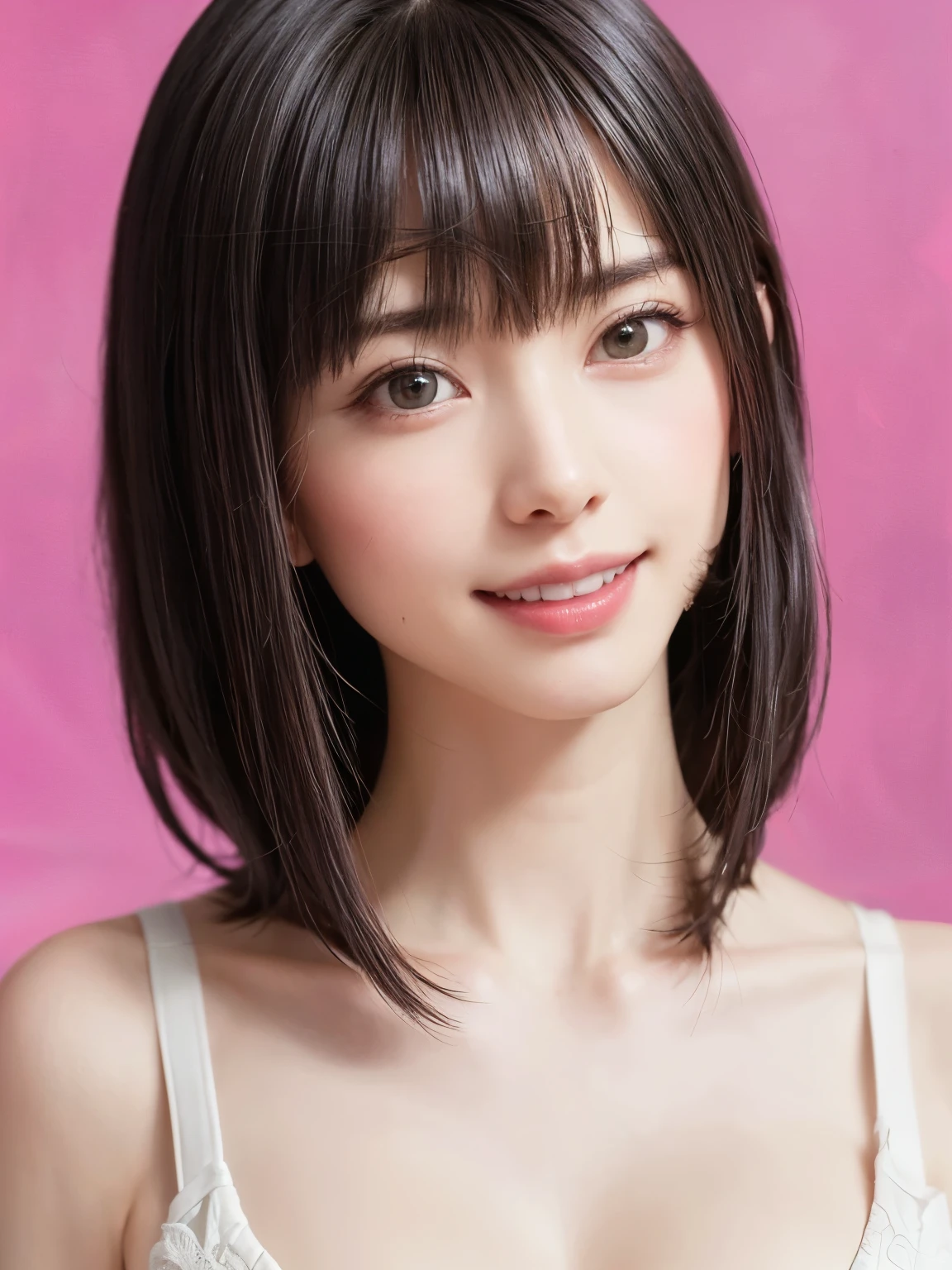(table top, highest quality、ultra high resolution、face focus focus、focus on the sides、navel focus、decolletage focus、very attractive beauty、Add intense highlights to your eyes、look closely at the camera:1.4、Absolutely beautiful bangs:1.4、Brunette short bob hair with bangs:1.4),1 girl, Report, black haired, realistic, looking at the viewer, pale black eyes, short hair, lips, lip gloss, Upper body、Big eyes、eyelash)、((italian natural background、hyper real stick:1.hort hair with bangs:1.4、Beautiful bangs with 46 points:1.4、{Huge|big|huge|mega} chest:2, cleavageyes、Give students very powerful highlights、very bigger chest、look at the audience、very beautiful beauty、show me your ears、beautiful long neck、beautiful decollete、smile、A smilee　beautiful teeth、Open your mouth and smilee))、28 years old、very cute super model、perfect anatomy、bright pink simple background:1.6