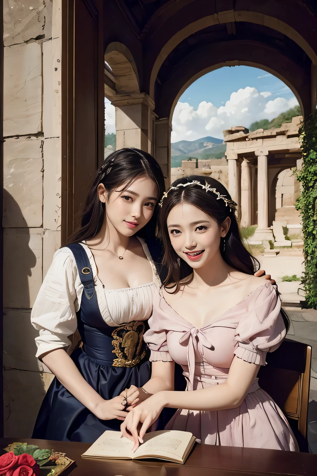 Giorgione painting style,Arguments of two female Philosophe,math、astronomical machine、astronaut、roses in vase、fruits、Cute trinkets、smile、ancient greek costume、Ancient Roman landscape in the style of Nicolas Poussin,laughter,,Sweet and seductive appearance.、Caravaggio's paintings、Chiaroscuro of Caravaggio、hair tousled by the wind,Two women frolicking,cute smile, expression of ecstasy,Sexy,erotic