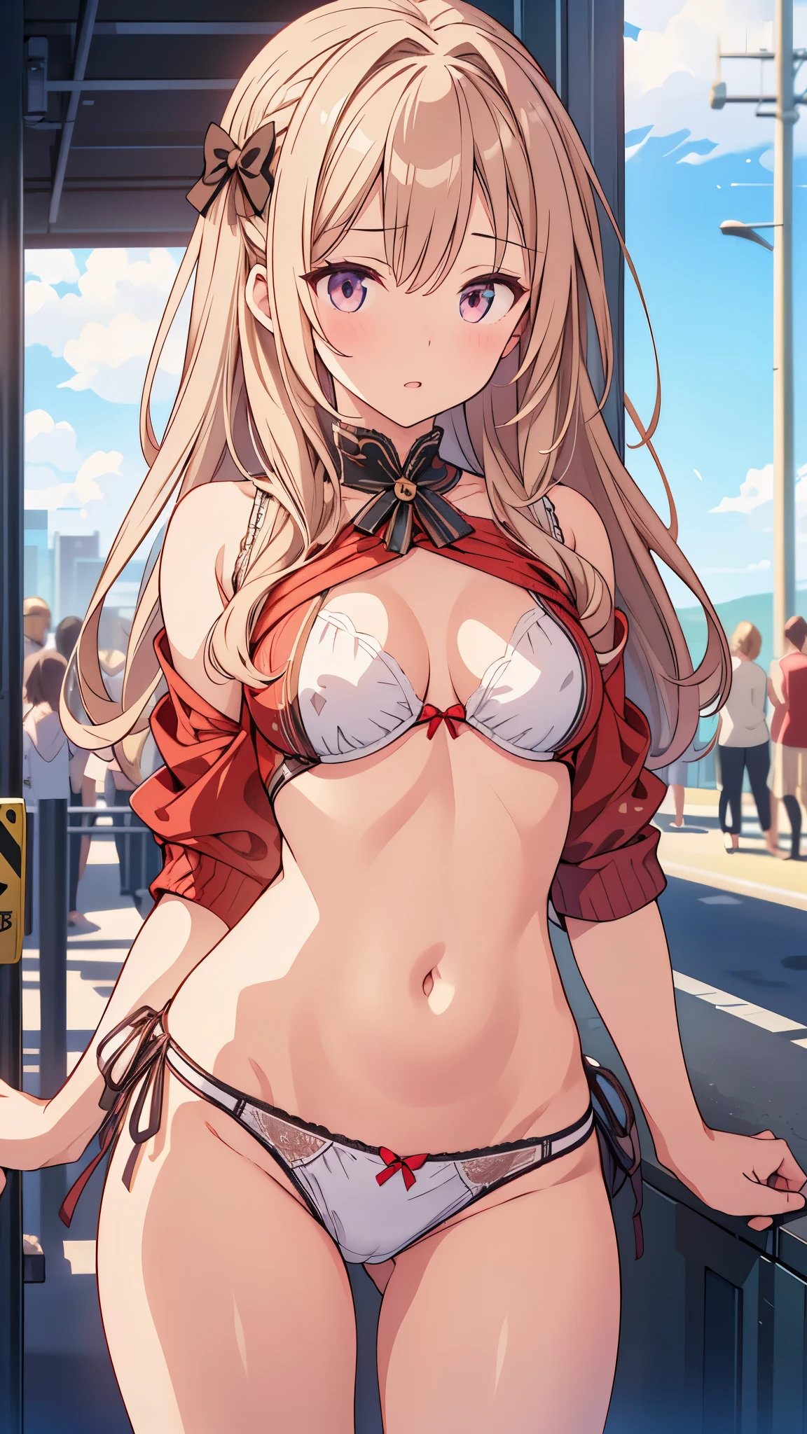 Highly detailed CG Unity 8K wallpaper, highest quality, Super detailed, masterpiece, realistic, photo realistic, Highly detailed cute girl, 18-year-old, (((スカートをlift it yourself))), (lift it yourself), panties , panties focus, blush, parted lips, looking at the viewer , half body shot , (crowd), (crowded parking lot) , hair above one eye