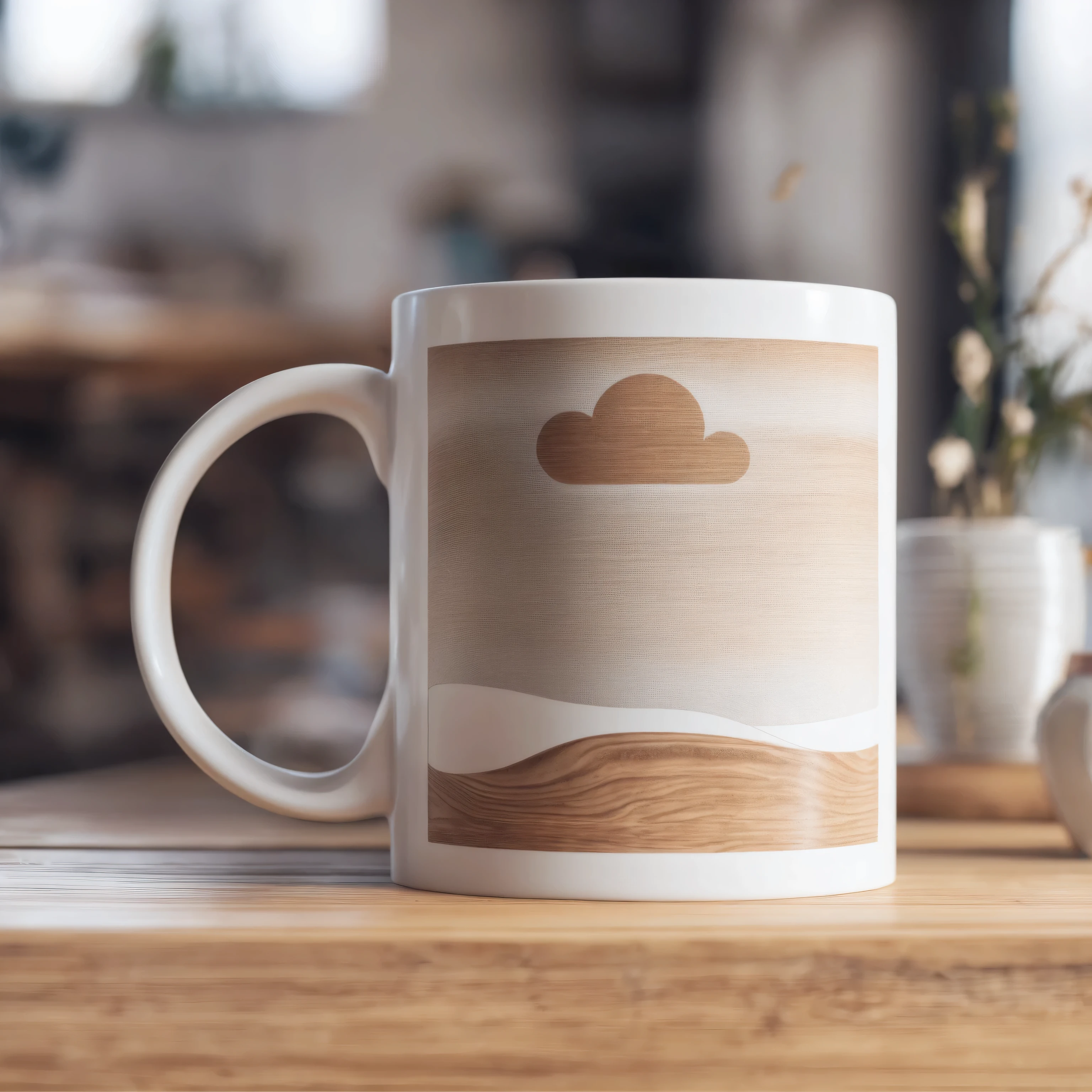 a photo of white mug standing on a wooden desk in a boho interior, realistic, profesional looking, sony a7r photo, shallow depth of field, bright, aesthetic