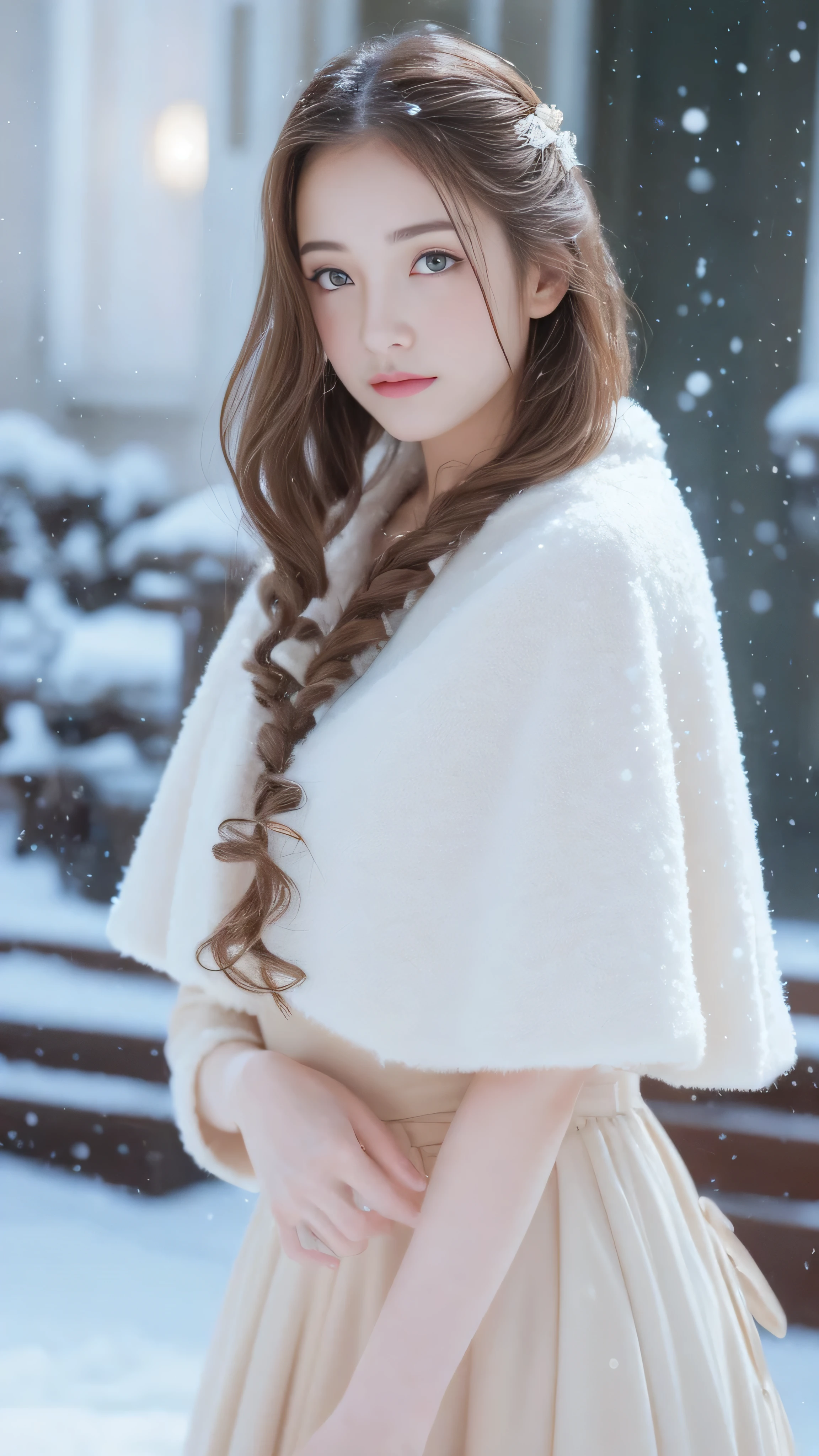 (highest quality, 8k, 32K，details are very clear),realistic, High resolution, 1 Japanese women, alone, (lolita costume)，luxurious costume，facing the audience，(Upper body，upper limbs)， beautiful eyes, brown hair, ring-shaped eyes, (outside，heavy snowfall，thick fur cape，cover with snow)，snowfield，blue eyes，highest qualityのイラスト，detailed facial features、swimsuit