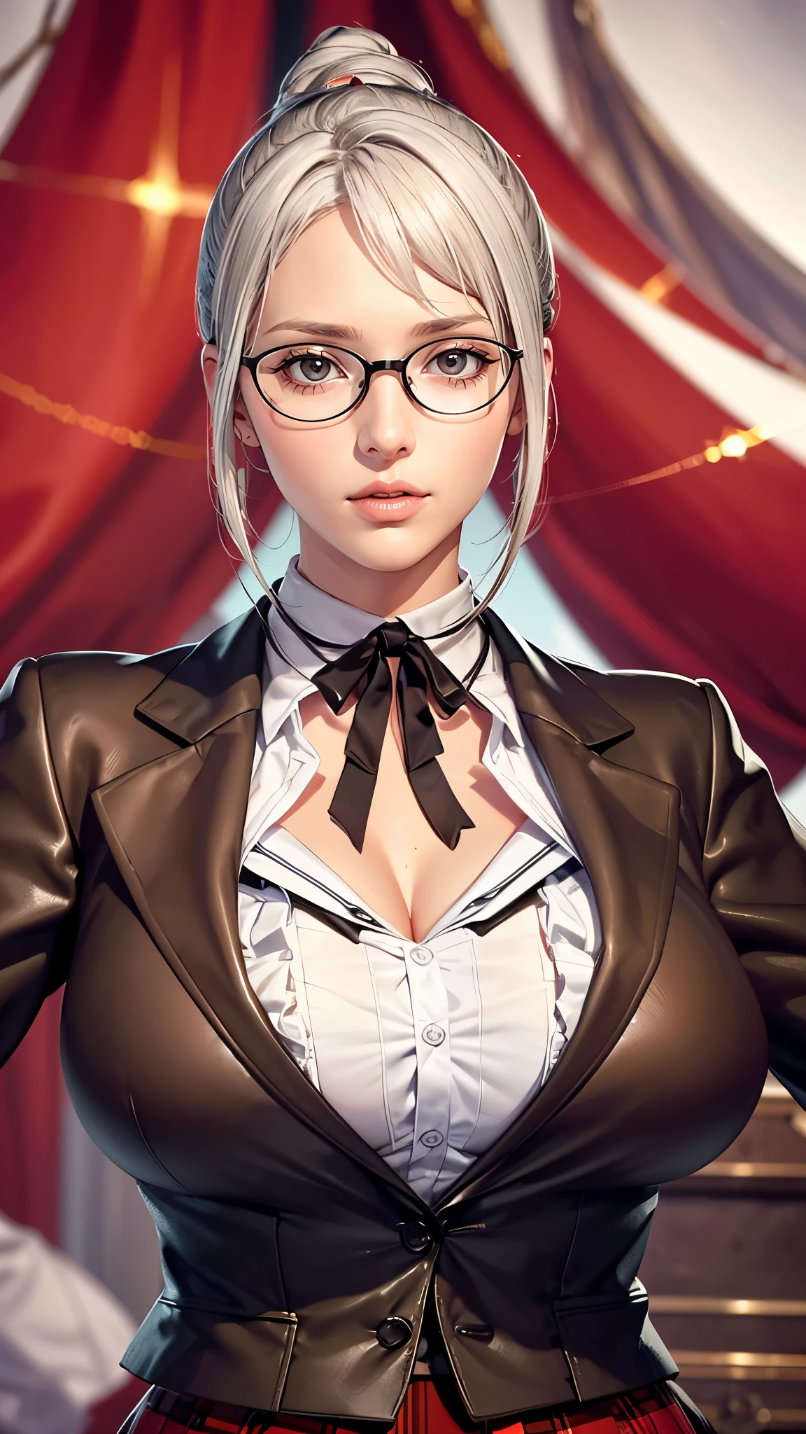 （（（完美figure，figure，school uniform,  plaid skirt,  ribbon choker, brown jacket，White shirt，（（（shiraki meiko，hair bun, glasses，White hair，）））型figure:1.7））），((masterpiece)),high resolution, ((Best quality at best))，masterpiece，quality，Best quality，（（（ Exquisite facial features，looking at the audience,There is light in the eyes，Happy，lol））），（（（Interlacing of light and shadow，huge boobs））），（（（looking into camera，hentai full nelson(sex position)）））