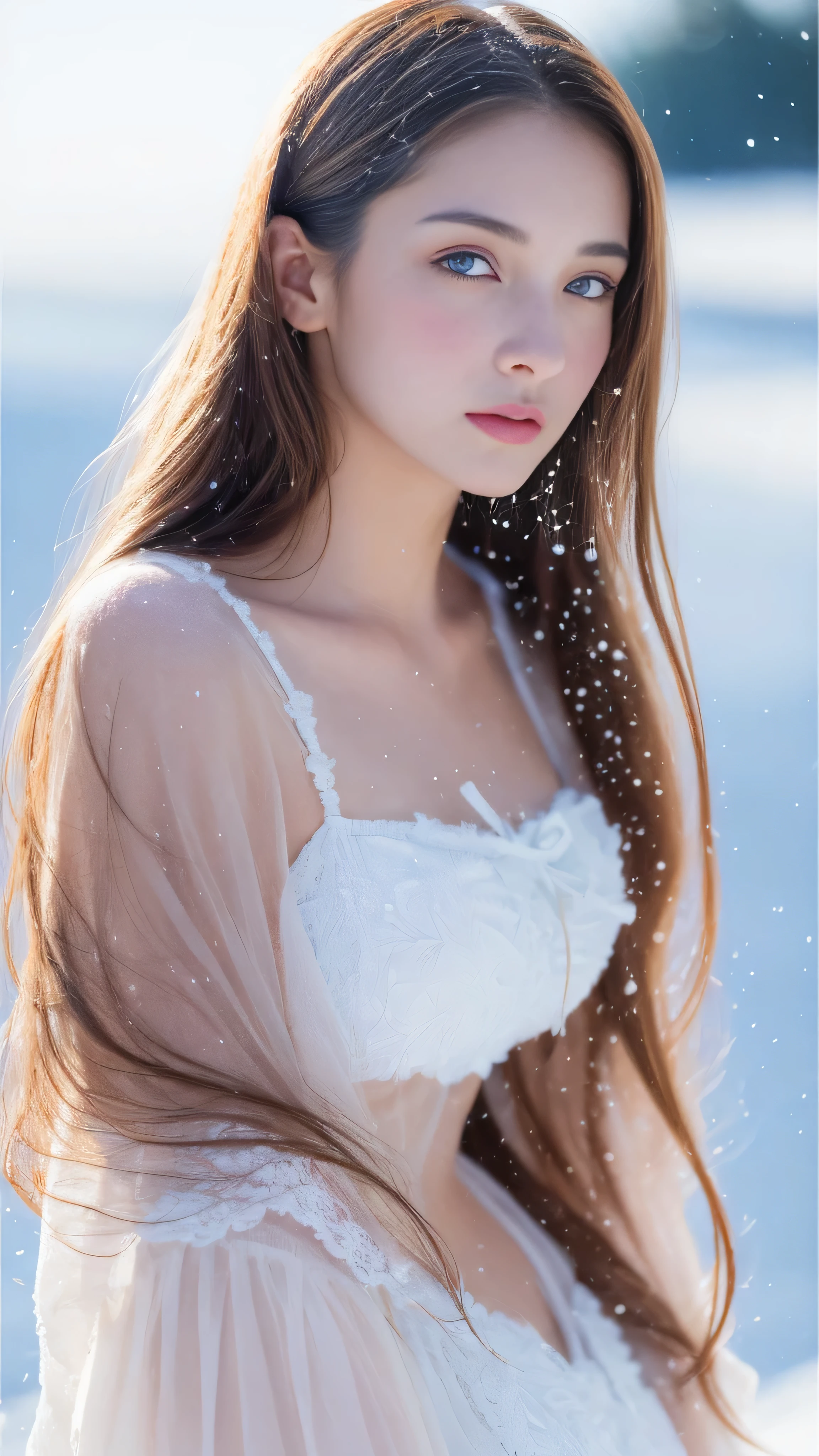 (highest quality, 8k, 32K,details are very clear),realistic, High resolution, 1 Japanese women, alone, (ta costume),luxurious costume,facing the audience,(Upper body,upper limbs), beautiful eyes, brown hair, ring-shaped eyes, (outside,heavy snowfall,thick fur cape,cover with snow),snowfield,blue eyes,highest qualityのイラスト,detailed facial features、swimsuit