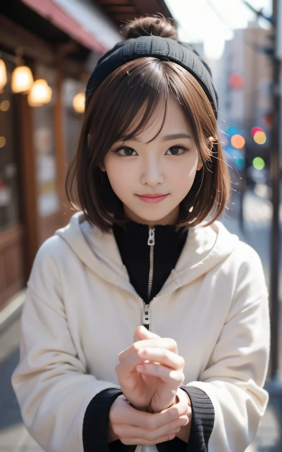cute 21 year old japanese、School、University、During class、super detail face、pay attention to details、double eyelid、beautiful thin nose、sharp focus:1.2、Beautiful woman:1.4、(light brown hair,short hair、),pure white skin、highest quality、masterpiece、ultra high resolution、(Photoreal:1.4)、Highly detailed and professional lighting、nice smile、No exposure、cute winter clothes、