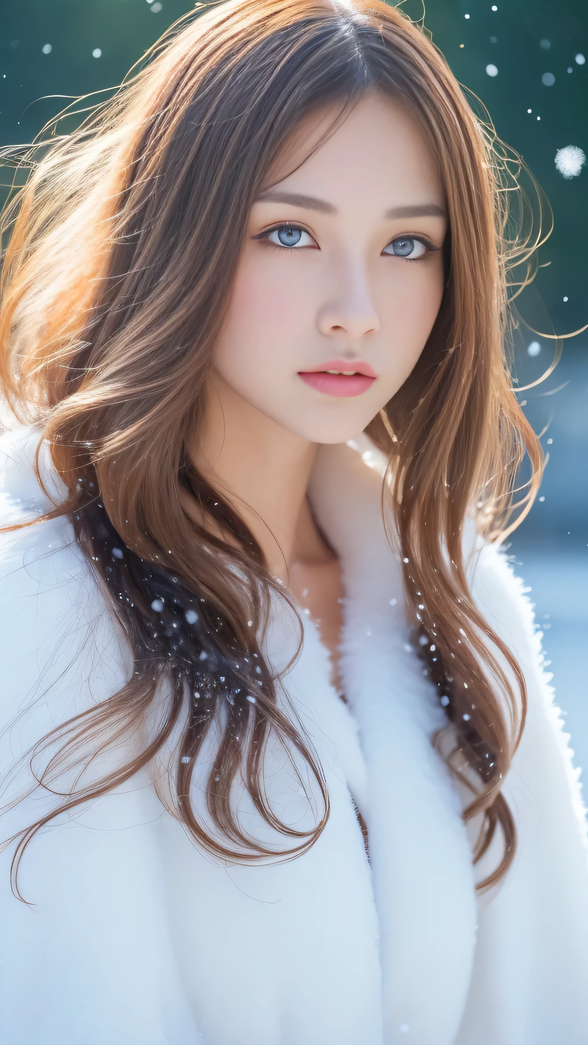 (highest quality, 8k, 32K,details are very clear),realistic, High resolution, 1 Japanese women, alone, (lolita costume),luxurious costume,facing the audience,(Upper body,upper limbs), beautiful eyes, brown hair, ring-shaped eyes, (outside,heavy snowfall,thick fur cape,cover with snow),snowfield,blue eyes,highest qualityのイラスト,detailed facial features、swimsuit