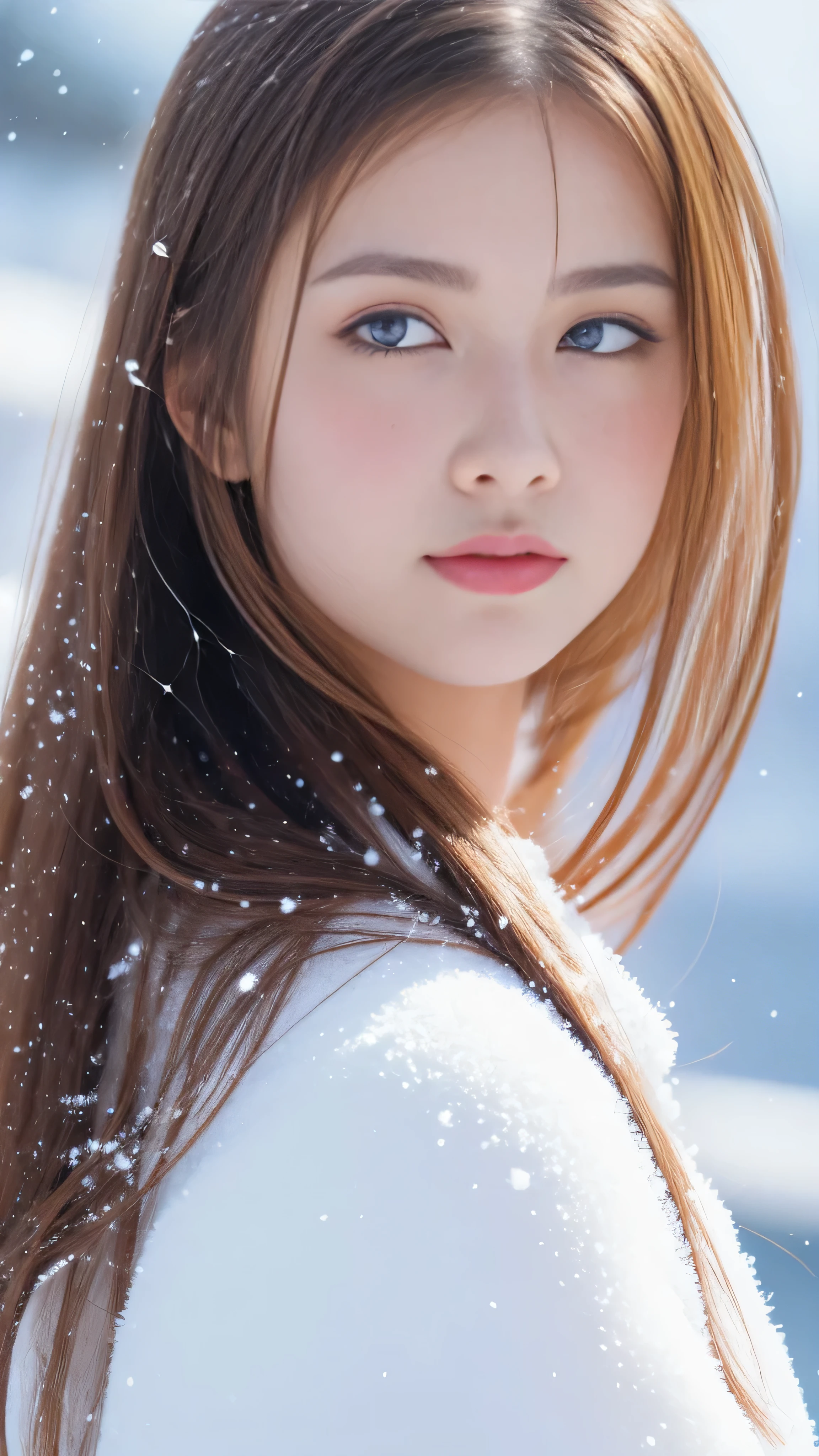 (highest quality, 8k, 32K,details are very clear),realistic, High resolution, 1 Japanese women, alone, (lolita costume),luxurious costume,facing the audience,(Upper body,upper limbs), beautiful eyes, brown hair, ring-shaped eyes, (outside,heavy snowfall,thick fur cape,cover with snow),snowfield,blue eyes,highest qualityのイラスト,detailed facial features、swimsuit