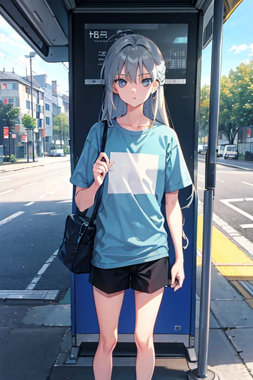 long hair, grey hair, blue eyes, t-shirt, standing, Straight Face, Fair skin, outdoors, bus stop, looking at viewer, 1990s (style), --niji 5 --ar 2:3