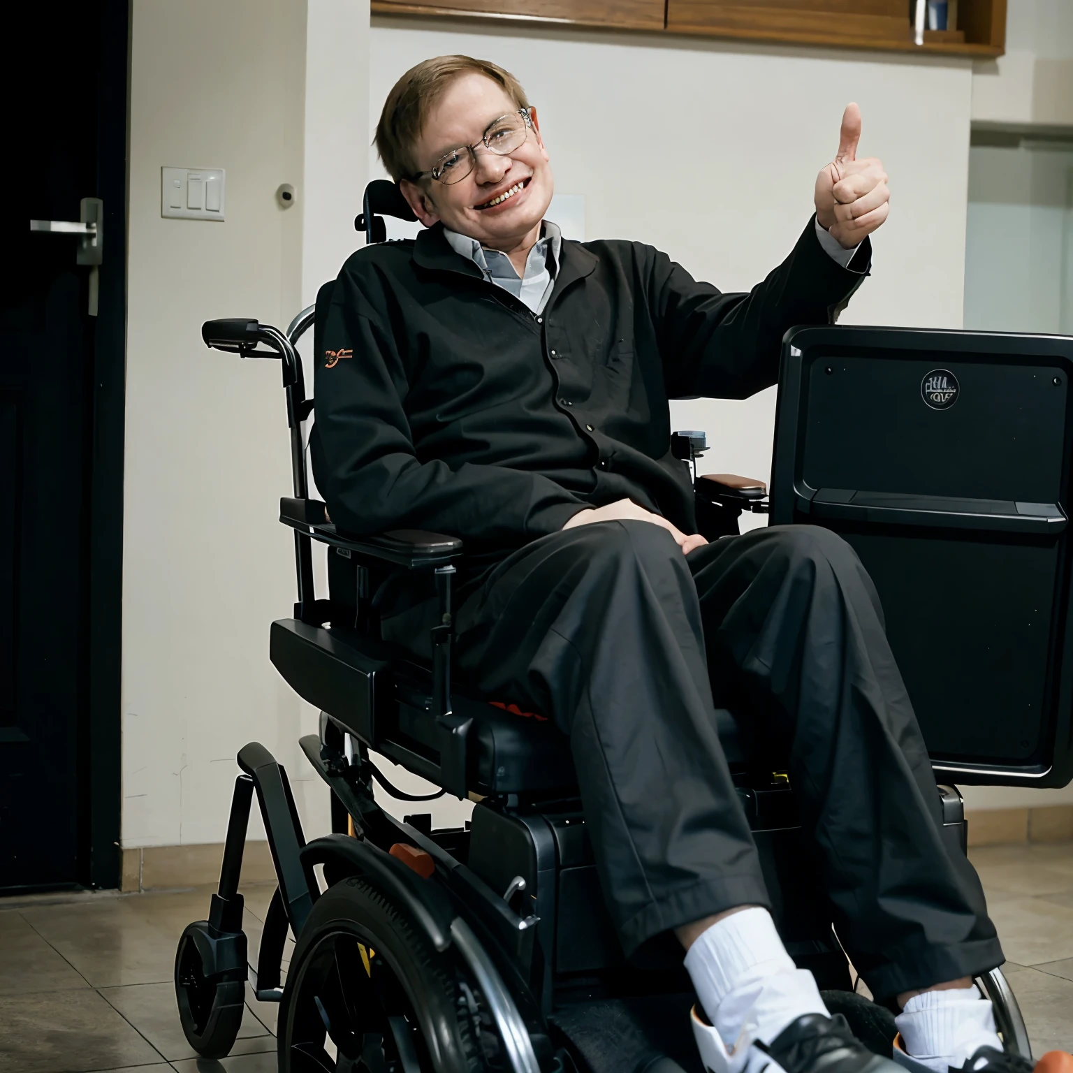 Stephen Hawking sitting in a motorized wheelchair and laughing, he is showing thumbs up and he is extremely happy