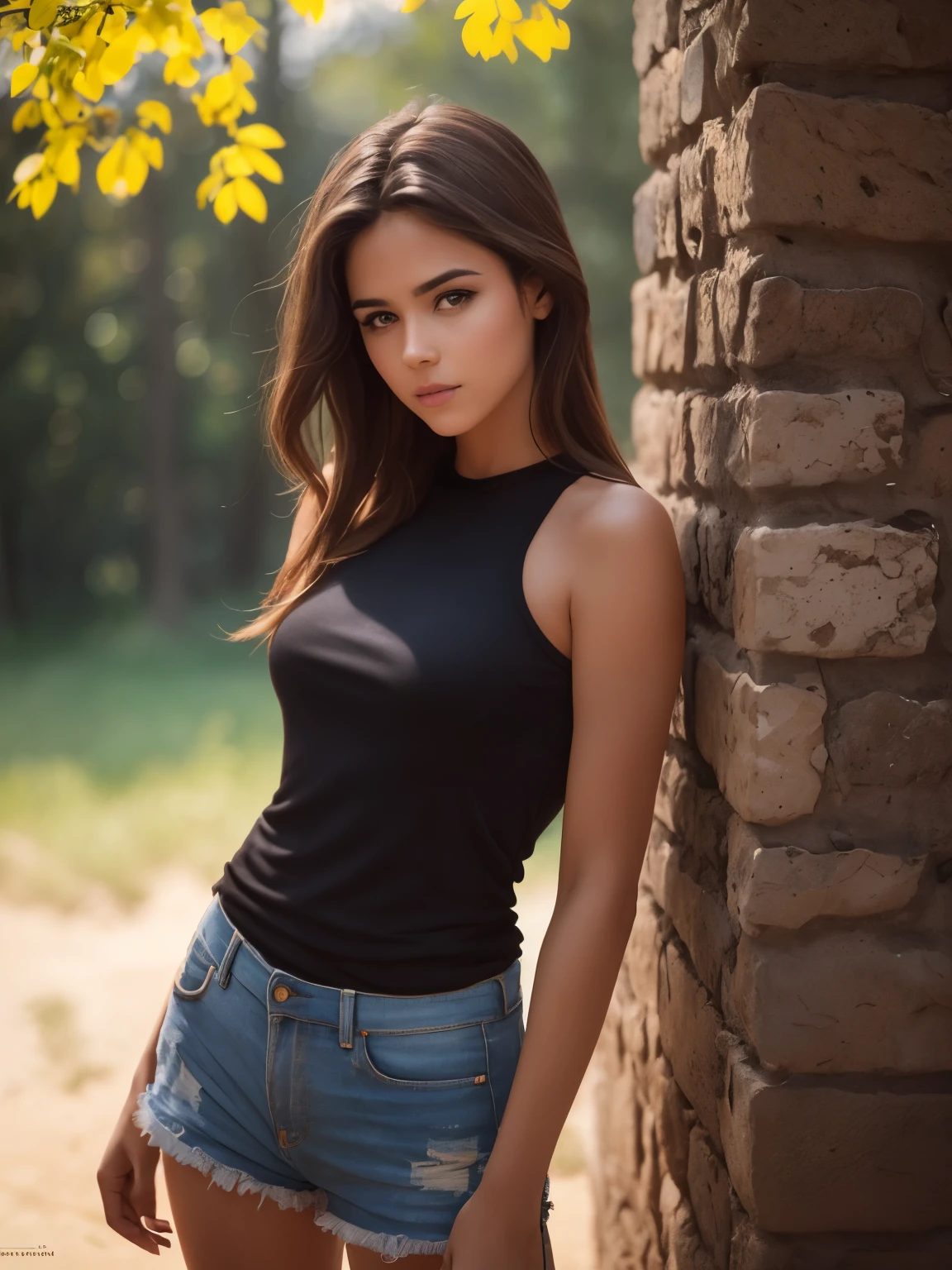 foto cruda, retrato de una chica, rasgos faciales perfectos, ojos perfectos, esperanzado, vistiendo Shot and tank top, amor africano, luz solar, volumetric lighting, Rayos de sol, Sombras detalladas, Naturaleza, al aire libre, Hasselblad X2D 100C, hasselblad XCD 80mm f/1.9 lentes, Profundidad de campo, bokeh, film grain, sharp focus, fotorrealista, Obra maestra, Detalles intrincados, alto contraste, 8K, HD, HDR, high resolution, absurdos, award-winning photography, modelshoote, fashion photography, Best composition, Reglas de terceros, Disparo en la parte superior del cuerpo, Impresionantes tomas de cuerpo entero