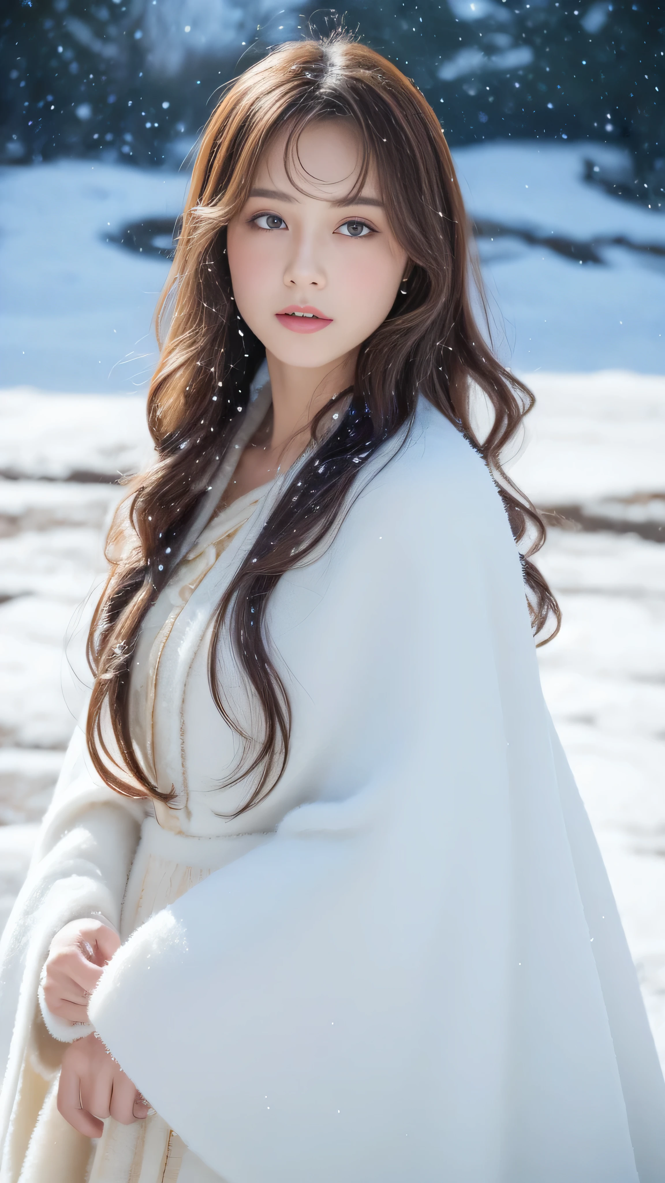 (highest quality, 8k, 32K，details are very clear),realistic, High resolution, 1 Japanese women, alone, (lolita costume)，luxurious costume，facing the audience，(Upper body，upper limbs)， beautiful eyes, brown hair, ring-shaped eyes, (outside，heavy snowfall，thick fur cape，cover with snow)，snowfield，blue eyes，highest qualityのイラスト，detailed facial features