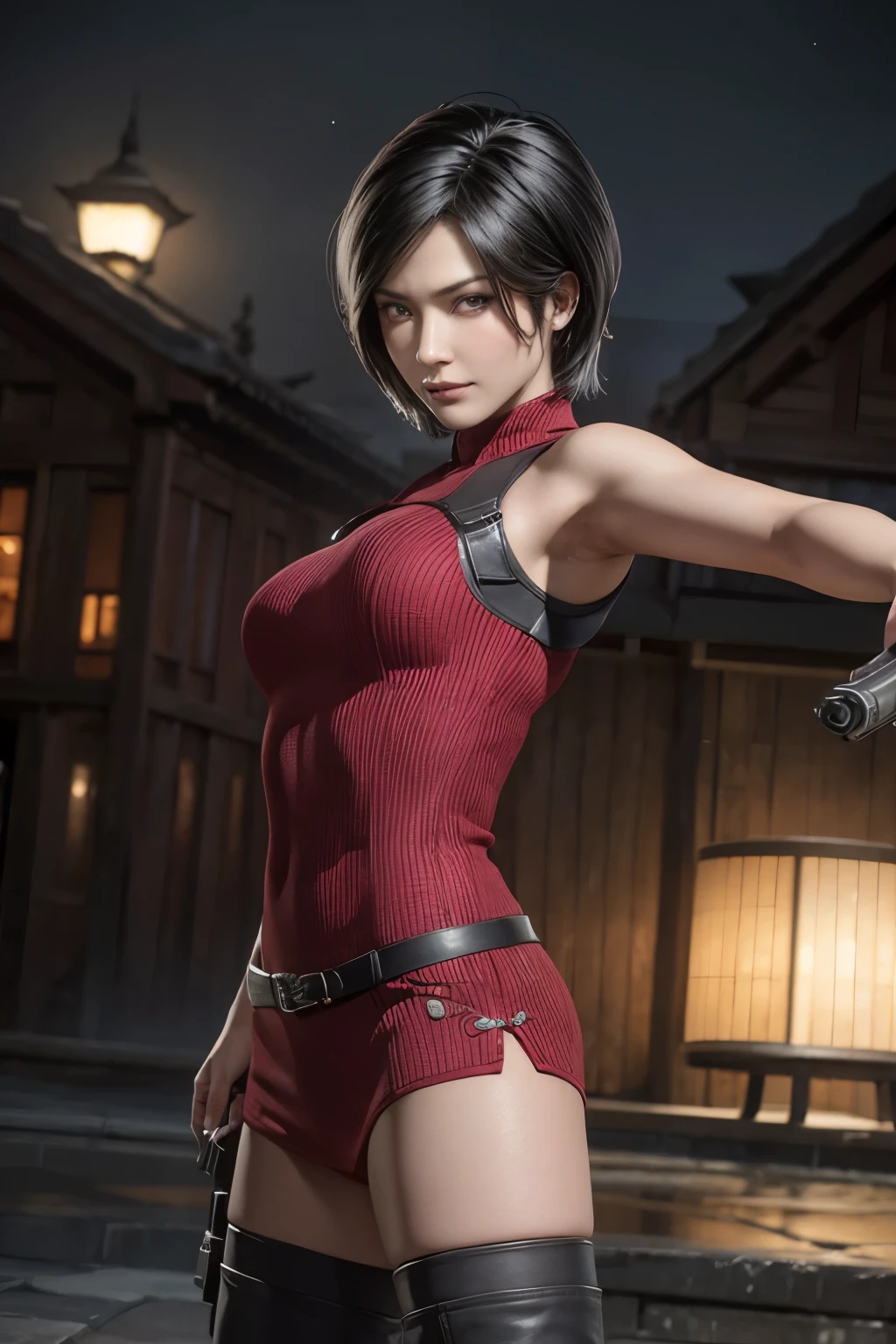 1 rapariga， solo， Ada Wong in Resident Evil 4 Remake， short detailed hair， brunette color hair， Red cheongsam， Short-sleeved shirt， Nero， nedium breasts， upper limbs， hindquarters， Black heels， Adriana's face， Find your audience， sly smile， A pistol was hung on her waist， best qualtiy， hight resolution：1.2， 18th century village in the background， Shadowing， Nightmare， rays of moonlight， Upper body photography， Low camera angle、depth of fields、center focused