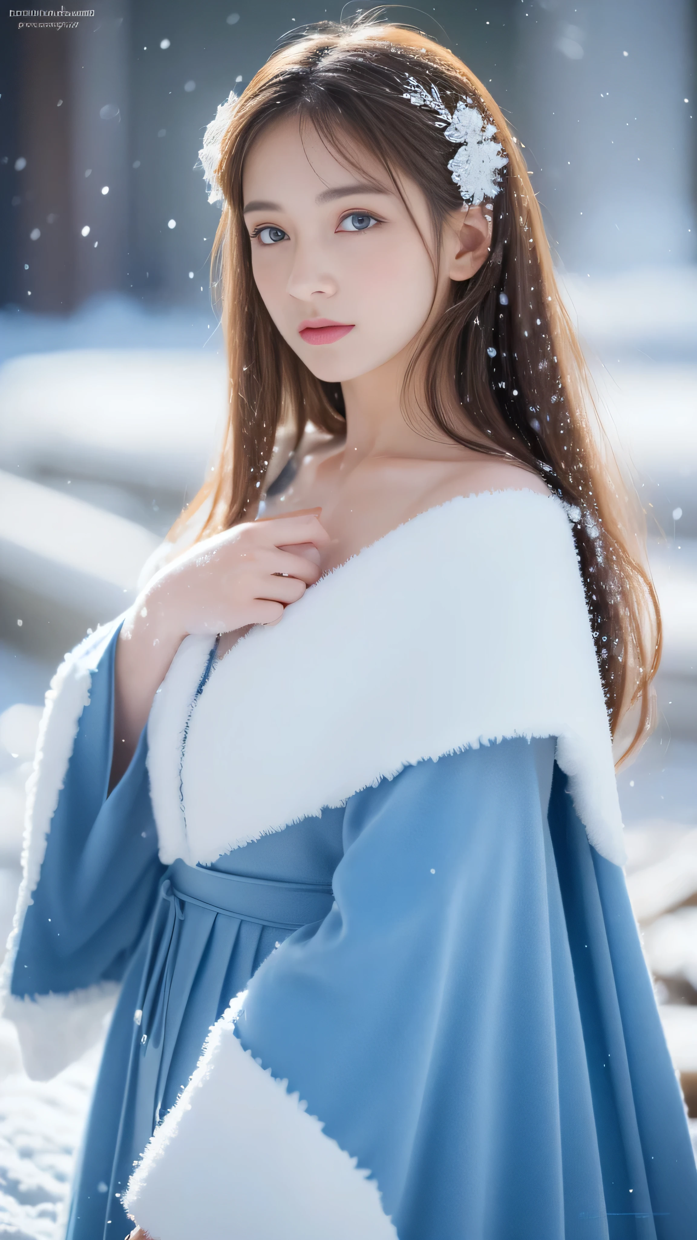 (highest quality, 8k, 32K，details are very clear),realistic, High resolution, 1 Japanese women, alone, (lolita costume)，luxurious costume，facing the audience，(Upper body，upper limbs)， beautiful eyes, brown hair, ring-shaped eyes, (outside，heavy snowfall，thick fur cape，cover with snow)，snowfield，blue eyes，highest qualityのイラスト，detailed facial features