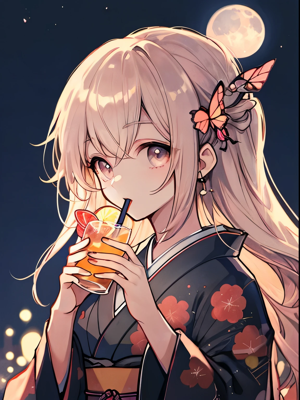 best quality, 超A high resolution, detailed face, detailed eye, beautiful sexy woman, Black and red kimono, moon in the background, near sky, holding alcohol in hand, shine, butterfly々, Fantastic, look up at the moon, get up,