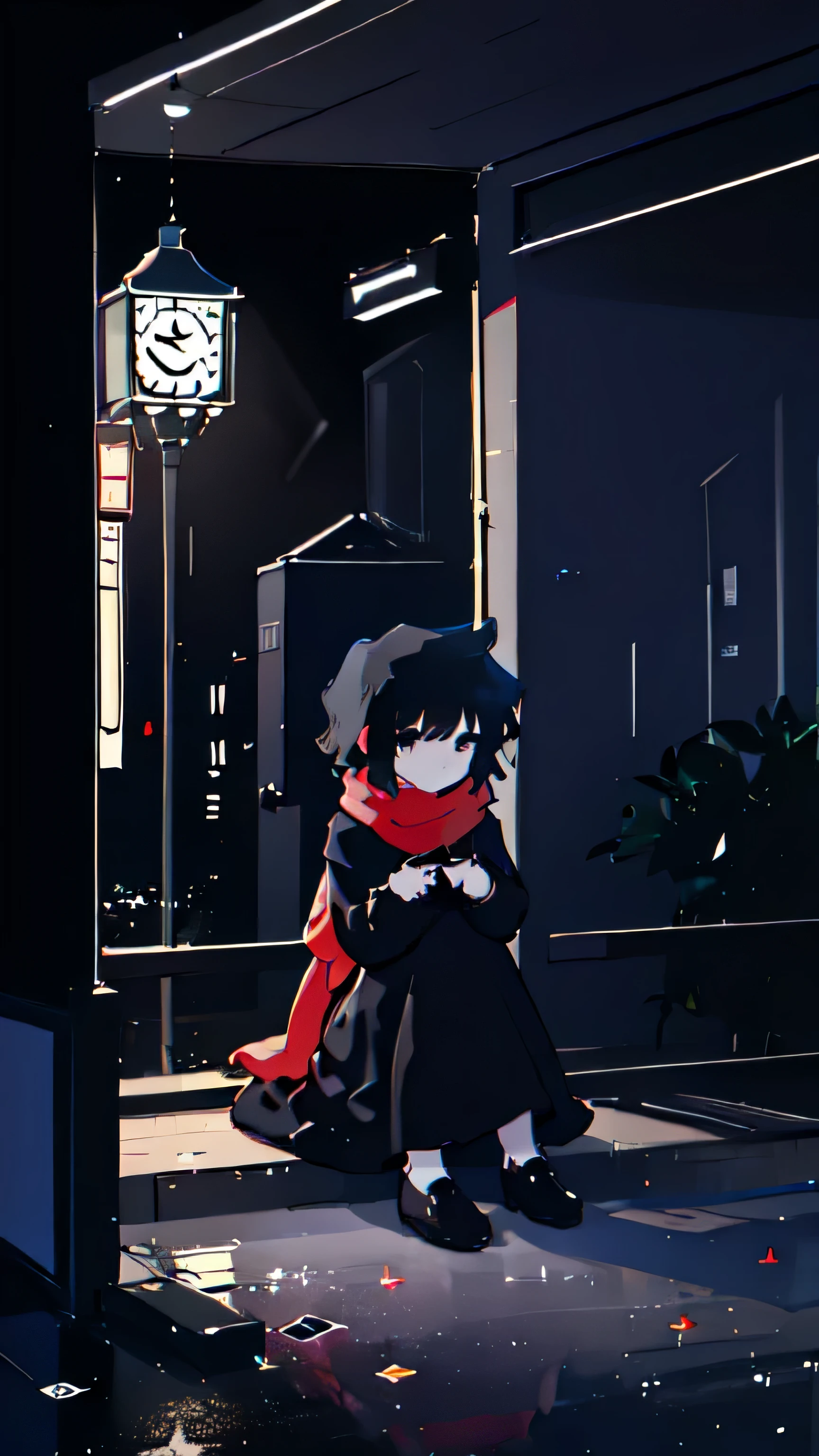 
a girl , wearing red scarf , long dress , old dress , black hair , long hair , sad facial expression , sad , sad face , black dress , sitting on stairs , black room , black walls , dark  fog ,  clock on wall