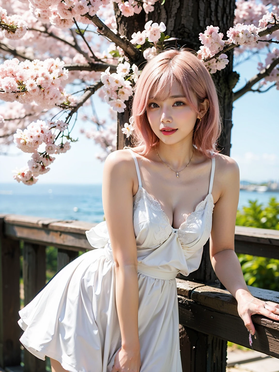 light pink hair, pink eyes, pink and white, cherry blossom leaves, Bright colors, white dress, paint splashes, simple background, ray tracing, wavy hair
