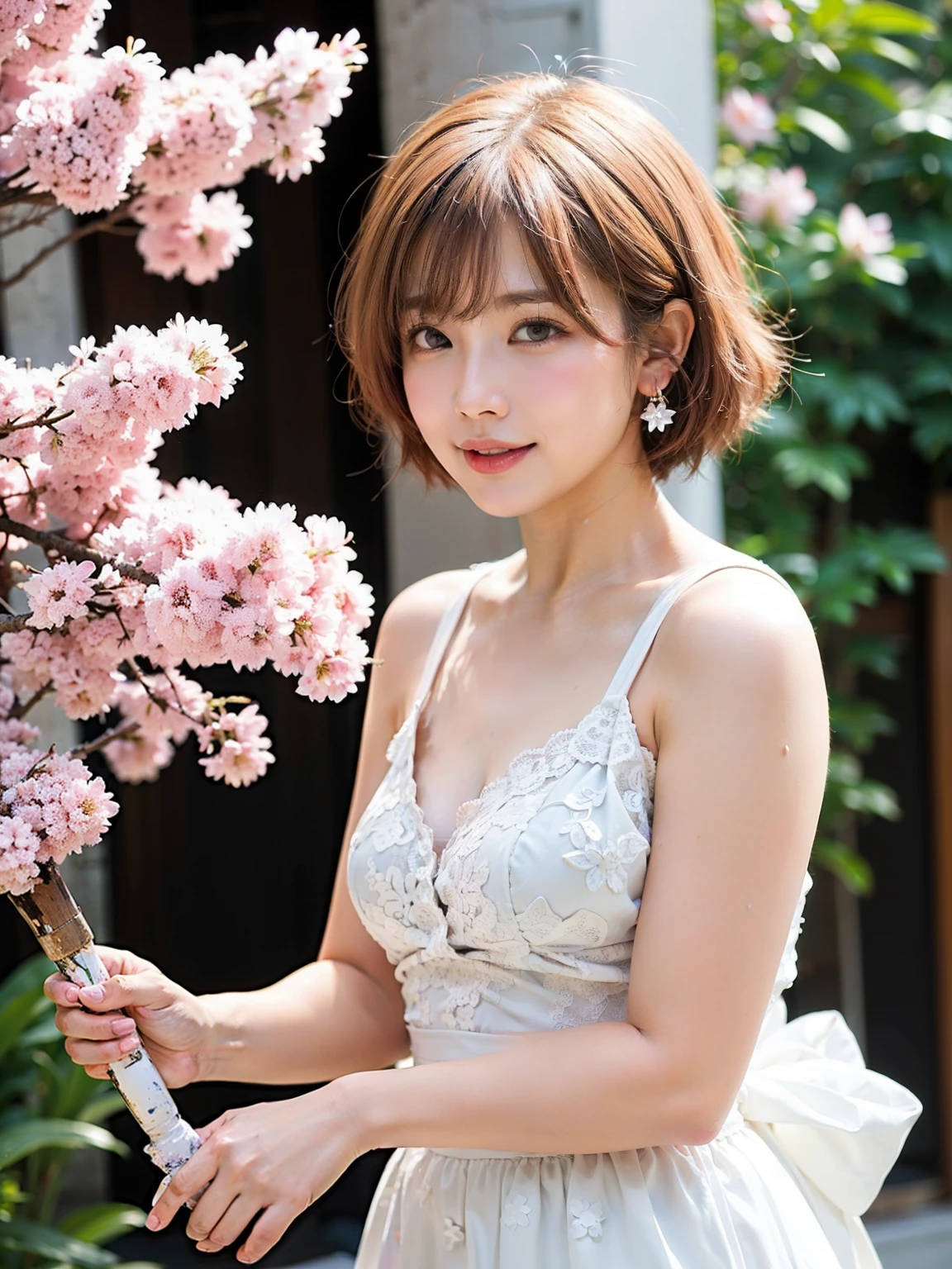 light pink hair, pink eyes, pink and white, cherry blossom leaves, Bright colors, white dress, paint splashes, simple background, ray tracing, wavy hair