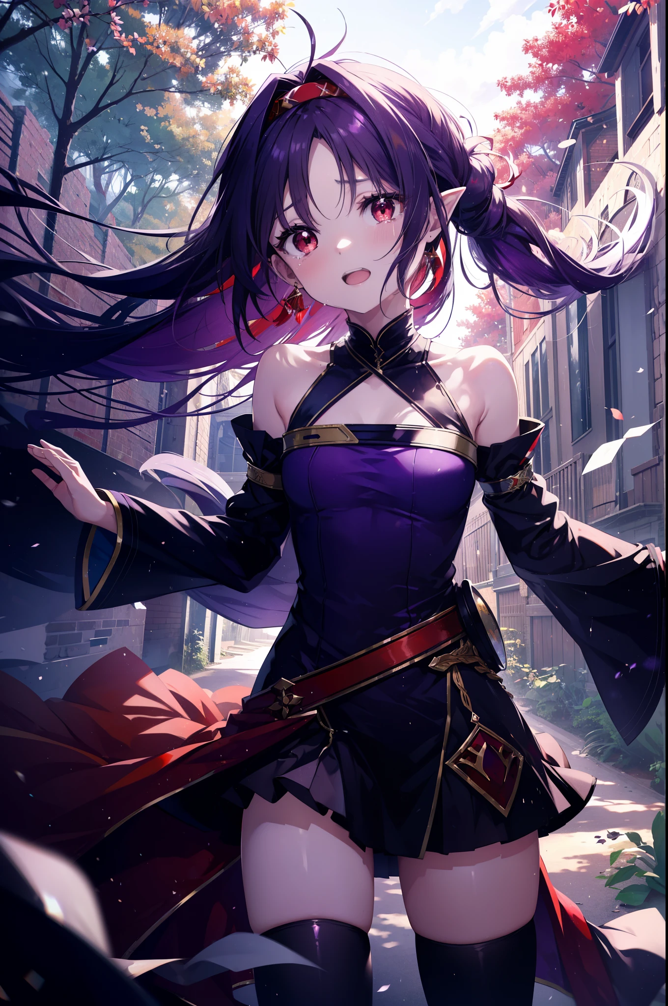 yuukikonno, Yuki Konno, hair band, long hair, pointed ears, purple hair, (red eyes:1.5), (small breasts:1.2), open your mouth,open your mouth,crying with both eyes closed,tears run down her face,
break black Thighhighs, removed sleeve, Thighhighs, dress, purple dress, armor, purple armor,
break looking at viewer, Upper body, full body,
break outdoors, forest, nature,
break (masterpiece:1.2), highest quality, High resolution, unity 8k wallpaper, (figure:0.8), (detailed and beautiful eyes:1.6), highly detailed face, perfect lighting, Very detailed CG, (perfect hands, perfect anatomy),