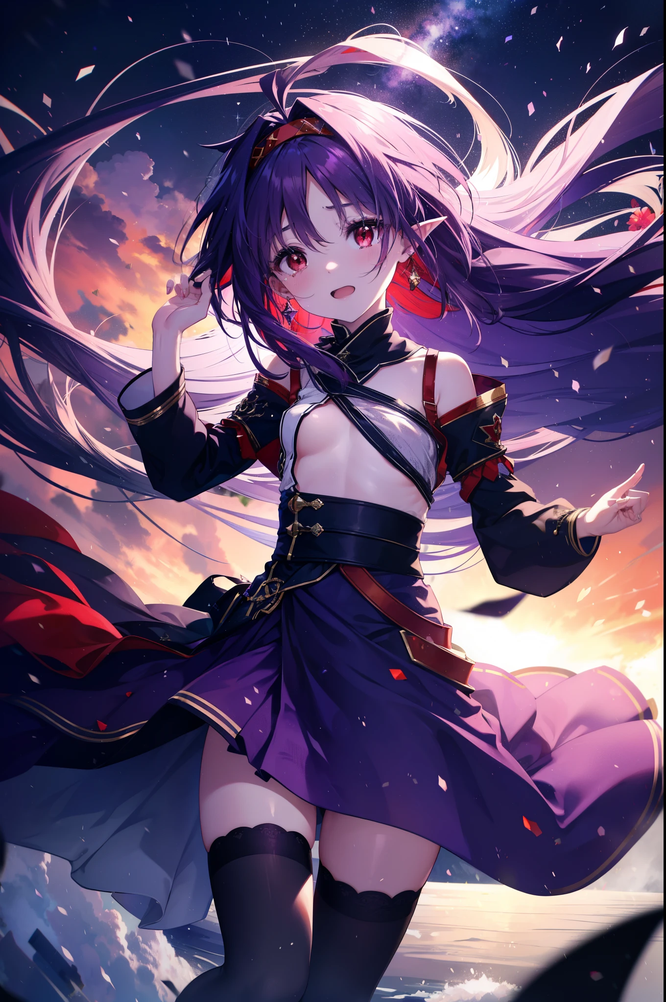 yuukikonno, Yuki Konno, hair band, long hair, pointed ears, purple hair, (red eyes:1.5), (small breasts:1.2), open your mouth,open your mouth,crying with both eyes closed,tears run down her face,
break black Thighhighs, removed sleeve, Thighhighs, dress, purple dress, armor, purple armor,
break looking at viewer, Upper body, full body,
break outdoors, forest, nature,
break (masterpiece:1.2), highest quality, High resolution, unity 8k wallpaper, (figure:0.8), (detailed and beautiful eyes:1.6), highly detailed face, perfect lighting, Very detailed CG, (perfect hands, perfect anatomy),