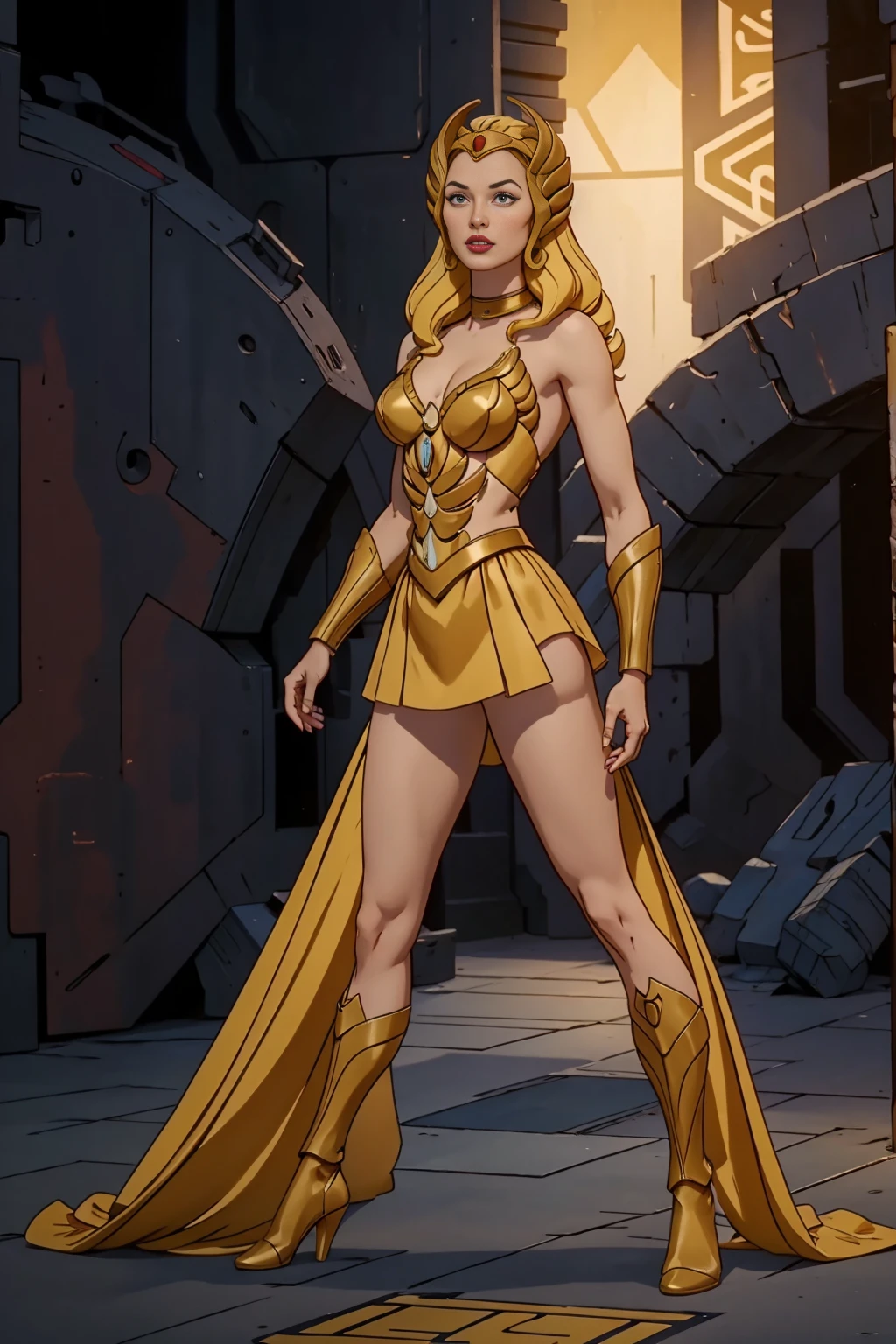 ((Full body photo, standing, feet on the ground)) Gal Gadot, ultrarealism, ultra-resolution, HDR, Photographic realism, woman, medium breasts, black curly hair, with the golden armor of Scorpio, Knight of the Zodiac, golden Athenian helmet, black cover, in Greece, fight, 8k, full body, slight smile, frontal shot.
