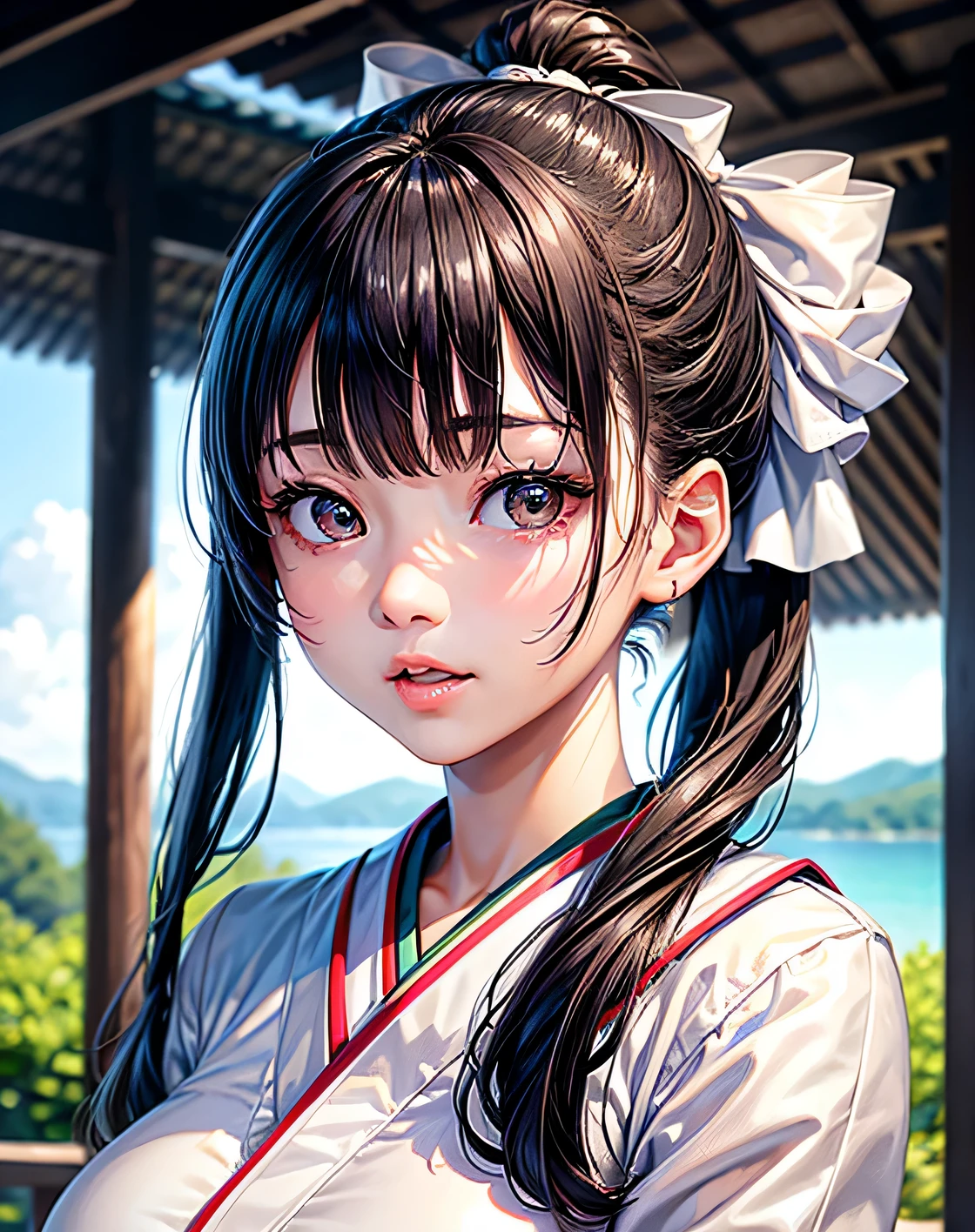 super highest quality、face focus、ultra high resolution（realistic１．５）、RAW photo、japanese woman、１２age、one person、cute、sparkle in the eyes、Baby-faced but beautiful face、High resolution of skin texture、ponytail hairstyle、Describe the whole body、big breasts、Waking up