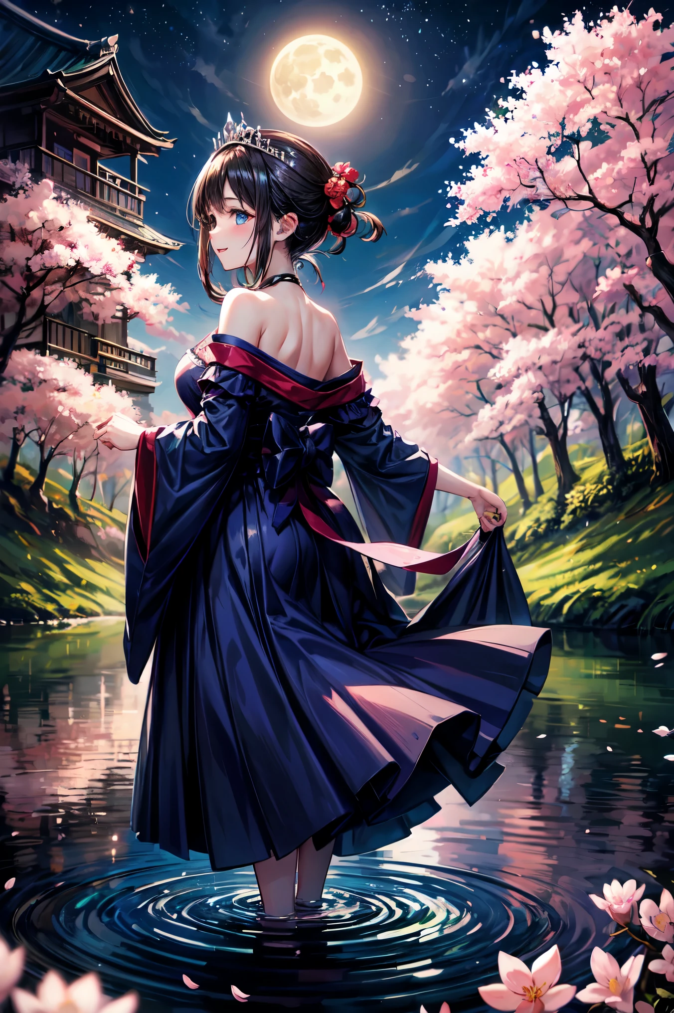 highest quality、very delicate and beautiful、masterpiece、night、full moon、18-year-old 、Japanese、、black haired、blue eyes、shiny skin、valley、blue dress、off shoulder、Tiara on the head、laughter、standing、backwards、Prickett、Pond in the background、forest、cherry blossoms