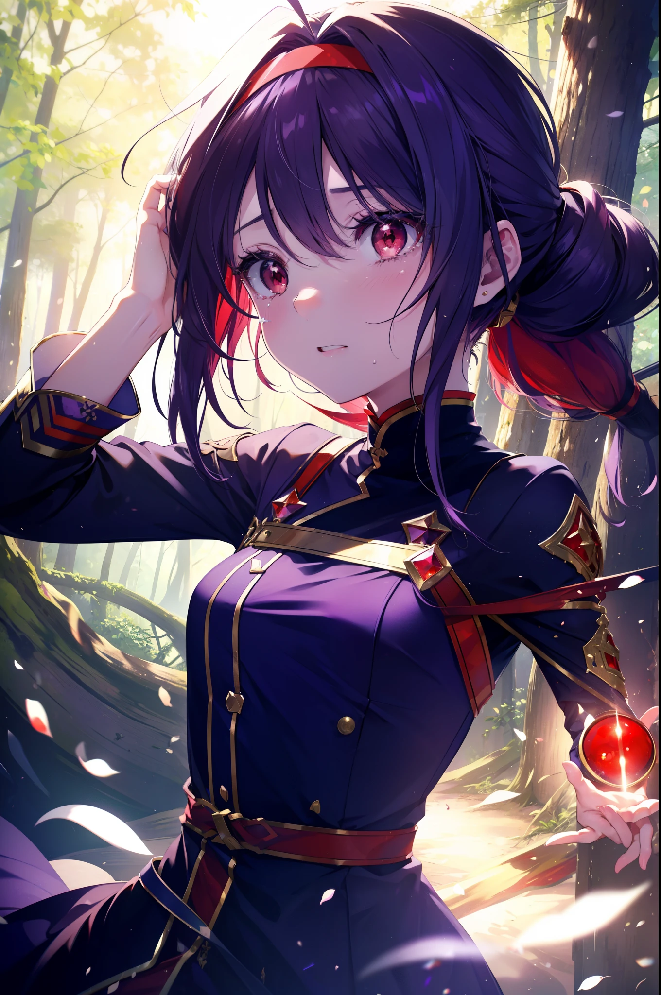 yuukikonno, Yuki Konno, hair band, long hair, pointed ears, purple hair, (red eyes:1.5), (small breasts:1.2), open your mouth,open your mouth,crying with both eyes closed,tears run down her face,
break black Thighhighs, removed sleeve, Thighhighs, dress, purple dress, armor, purple armor,
break looking at viewer, Upper body, full body,
break outdoors, forest, nature,
break (masterpiece:1.2), highest quality, High resolution, unity 8k wallpaper, (figure:0.8), (detailed and beautiful eyes:1.6), highly detailed face, perfect lighting, Very detailed CG, (perfect hands, perfect anatomy),