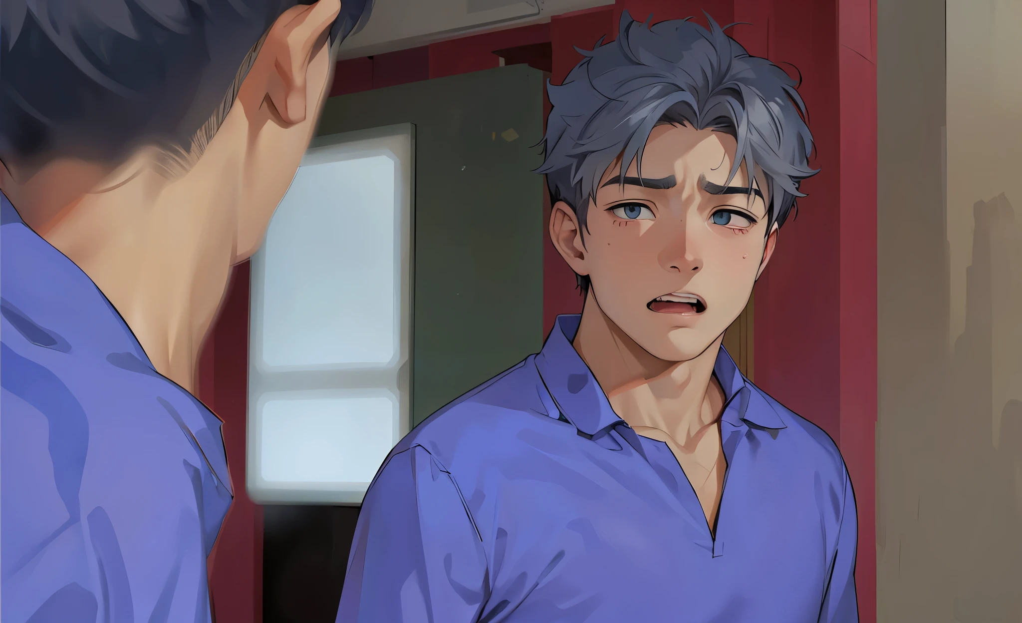 different expressions anger anxiety shouts this upset cute 16 year old boy gray hair. le hablaa alguien