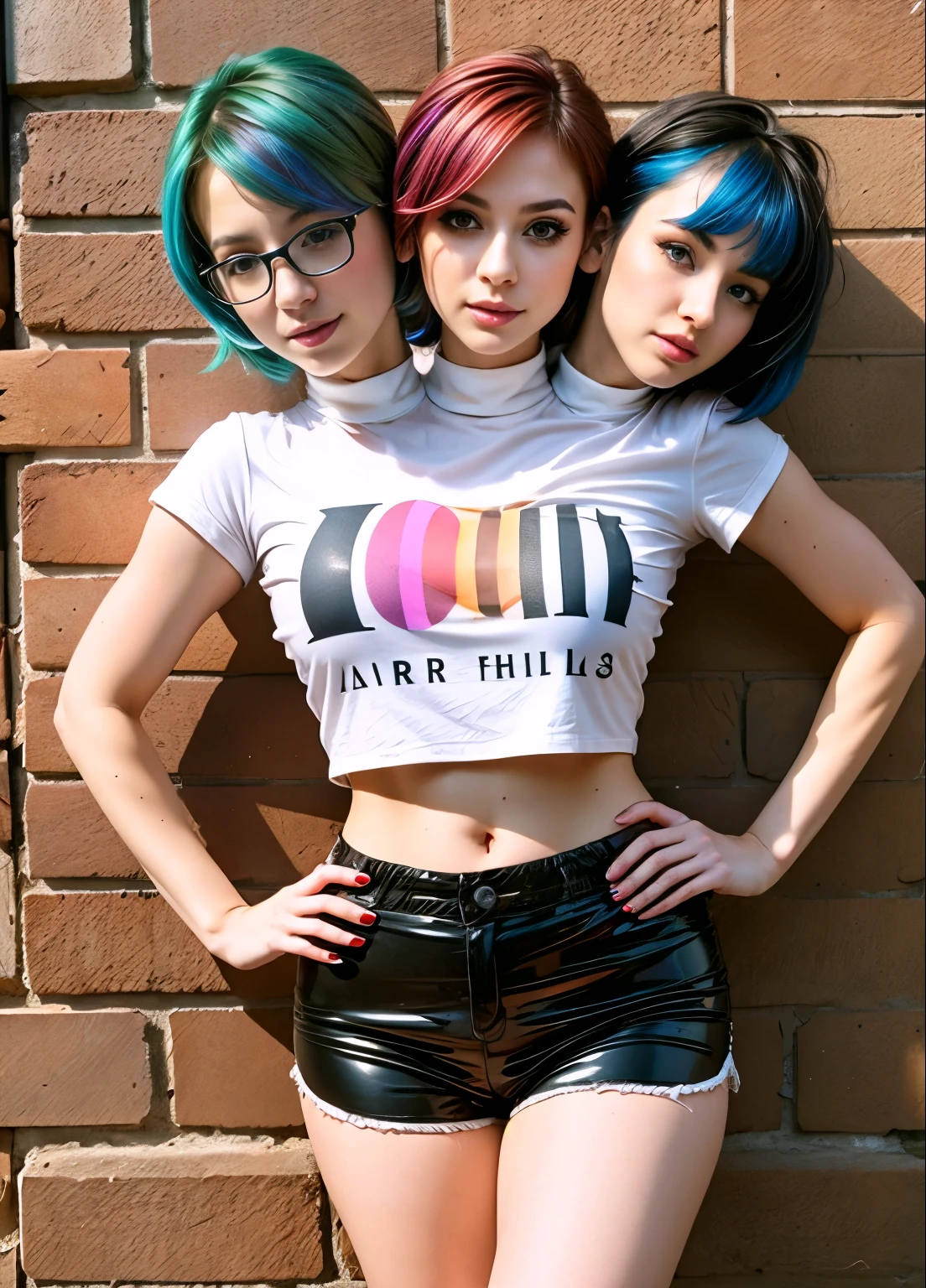best resolution, 2 heads, white woman with two heads, four arms, different heads, sexy, different hair, pixie cut, rainbow hair, 21 years old, date, shirt and yoga shorts