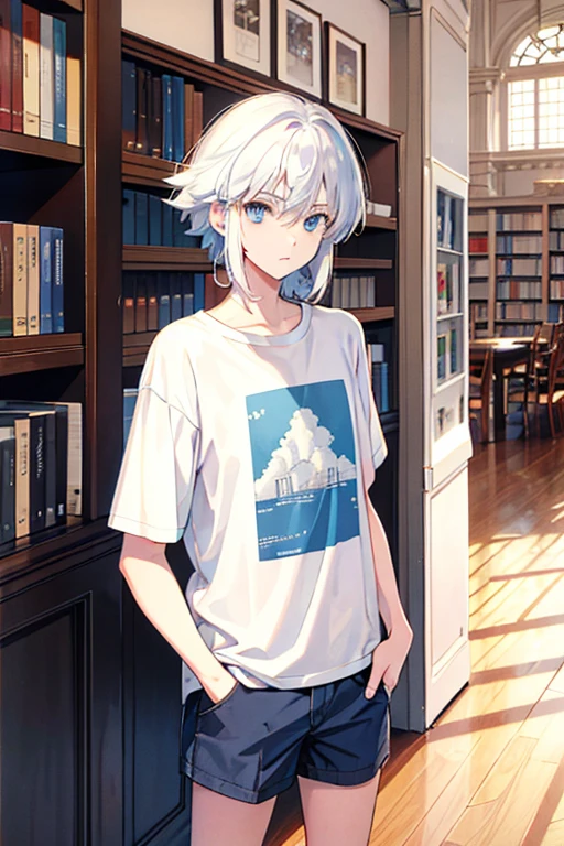medium hair, white hair, blue eyes, t-shirt, standing, Straight Face, Fair skin, indoors, library, looking at viewer, 1990s (style), --niji 5 --ar 2:3