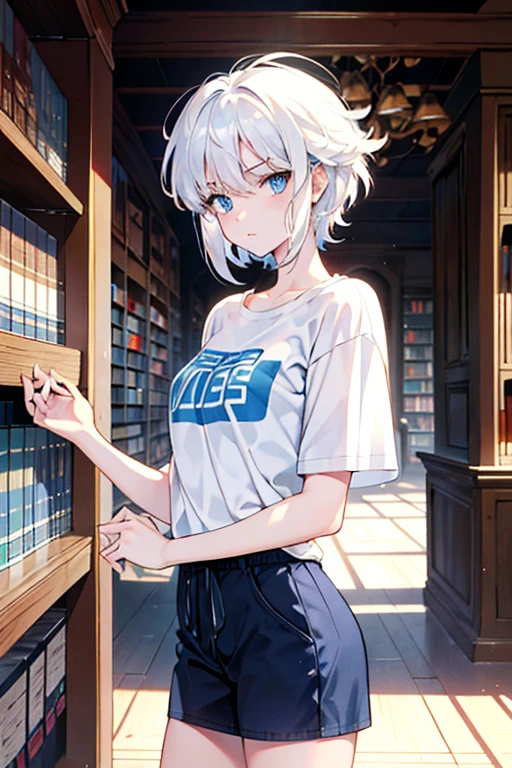 medium hair, white hair, blue eyes, t-shirt, standing, Straight Face, Fair skin, indoors, library, looking at viewer, 1990s (style), --niji 5 --ar 2:3