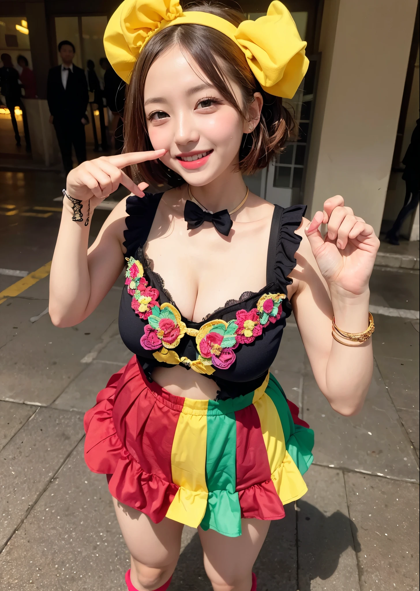 Street performer girl dressed as a clown、(red、green、yellow、green colorful clown costume)、Clown makeup、cute gesture、smile、Full body shot、(((masterpiece))), (((highest quality))), ((intricate details)), ((surreal))、best lighting、cute frills and bonbons