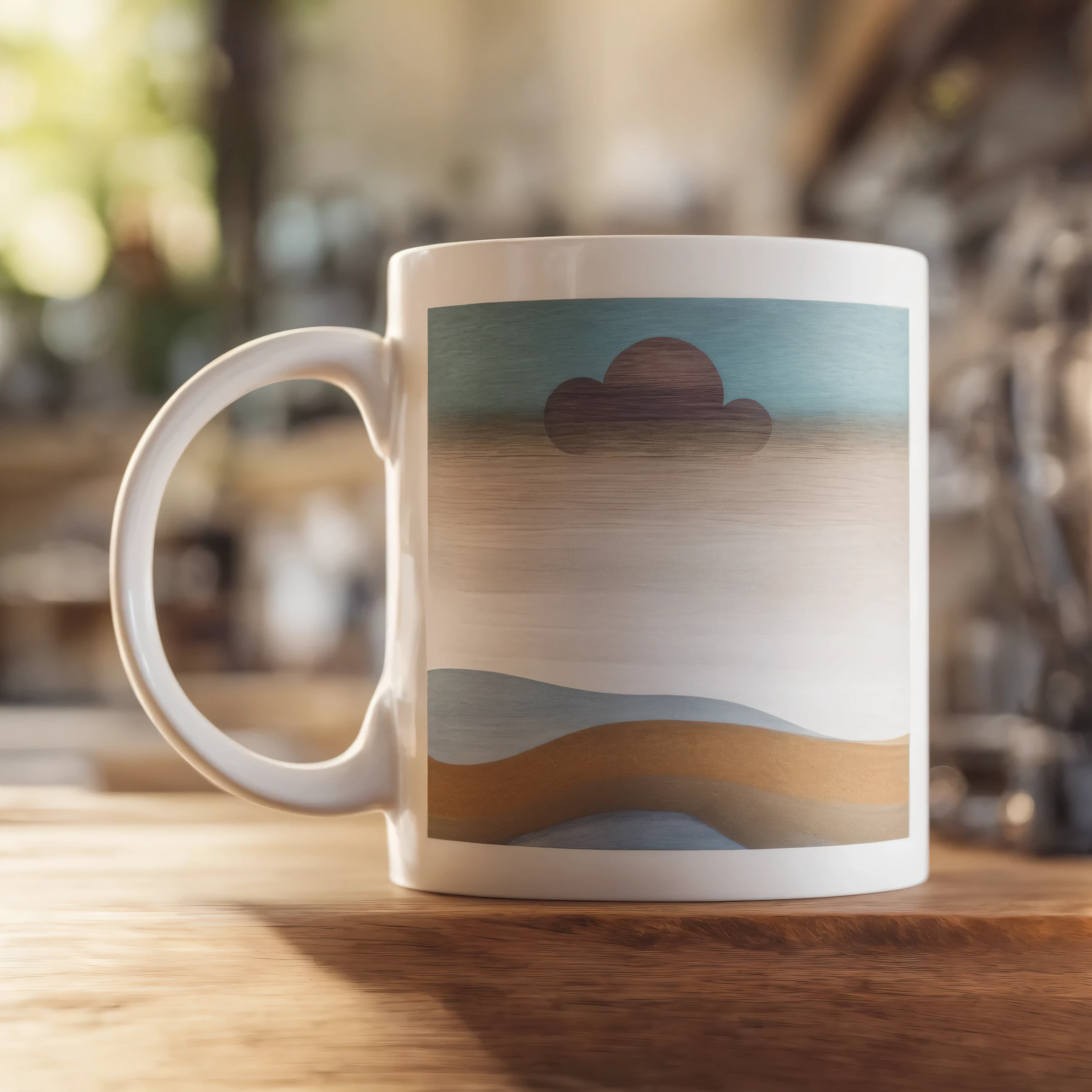 a photo of white mug standing on a wooden desk in a boho interior, realistic, profesional looking, sony a7r photo, shallow depth of field, bright, aesthetic