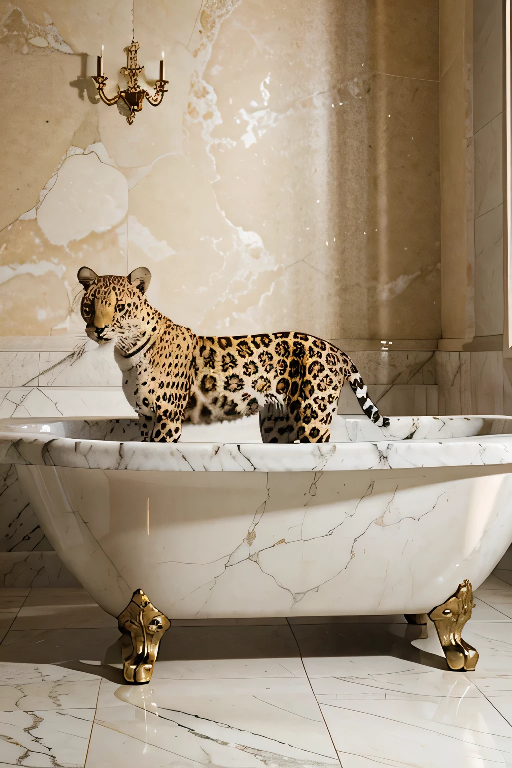 leopard in a marble bath in pastel colors. Baroque interior