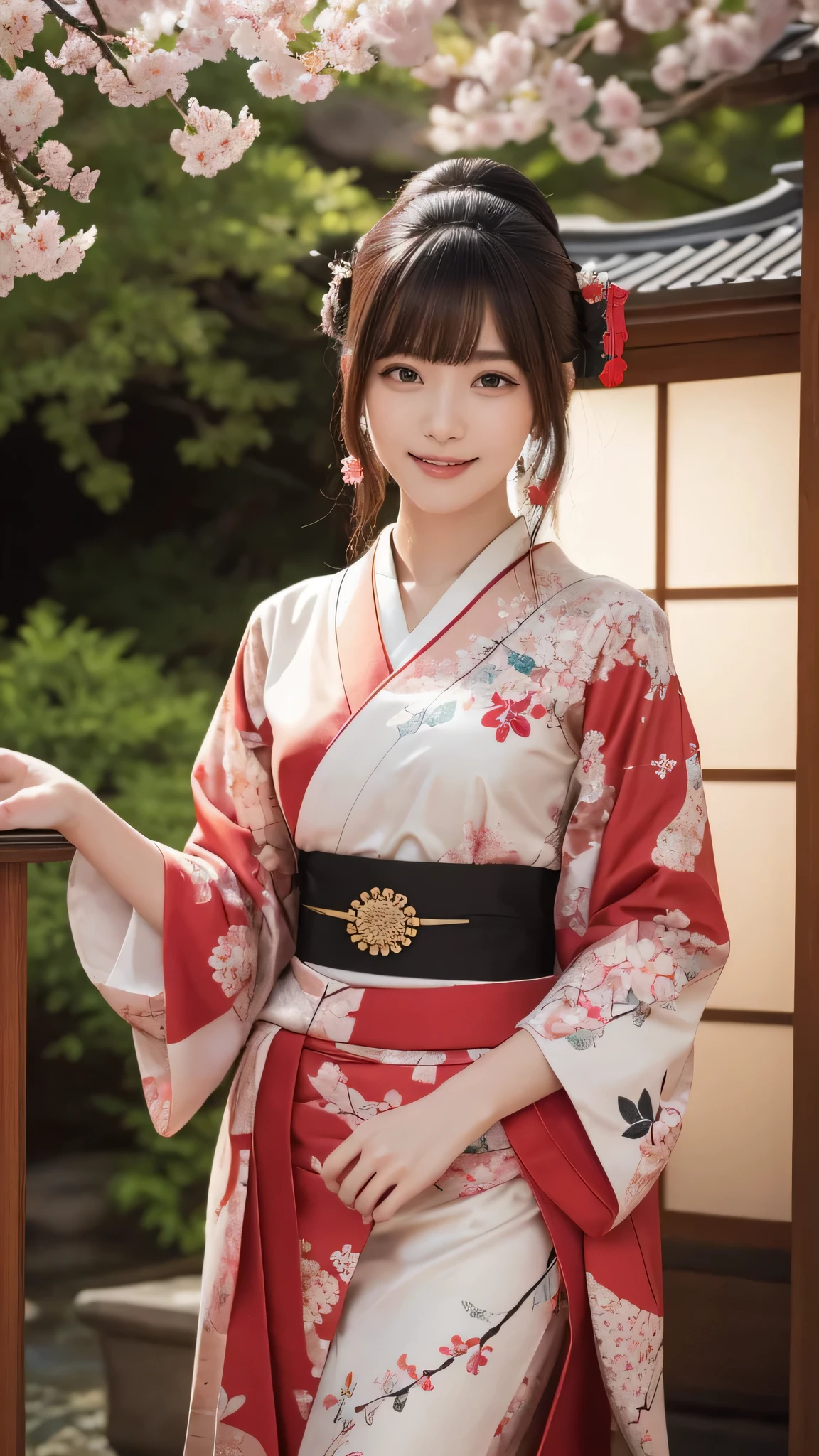In a futuristic scene, Mechanically enhanced Japanese geisha、Elegant in an elaborate garden. She has beautifully detailed eyes and lips that complement her face. Geishas wear traditional kimonos with intricate patterns and designs.。.。14 year old girl.. Around her are bright cherry blossoms and a quiet carp pond. The scenes are drawn using a combination of illustration and photorealism, cherry blossoms吹雪,Highly detailed brush strokes and sharpness, bright colors. Lighting that highlights the graceful figure of a geisha, Gives your skin a soft porcelain-like glow。. Artwork is of the highest quality, Displaying the exquisite details of geisha costumes, cherry blossoms, With sparkling carp scales. The overall color scheme is、、、traditional Japanese color combinations, crimson, hang on., black people, With subtle gold accents, with a futuristic twist. Fusion of ancient tradition and modern technology、、Create mesmerizing and visually impressive masterpieces.The background is a traditional Japanese design in bright red and white.、random pose、I&#39;m smiling、Kimono with delicate pattern