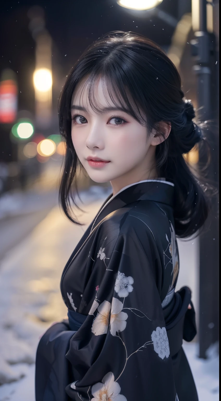 (kimono)、、(highest quality,masterpiece:1.3,超A high resolution,),(super detailed,caustics),(Photoreal:1.4,RAW shooting,)ultra-realistic capture,very detailed,High definition 16K for human skin、 Natural skin texture、、Skin looks even-toned and healthy、 Use natural light and color,one woman,Japanese,,cute,black haired,middle hair,(Depth of the bounds written、chromatic aberration、、wide range of lighting、natural shading、)、(streetlight at night:1.2)、(falling snow:1.2)、(hair swaying in the wind:1.2)、(Snow reflects light:1.1)