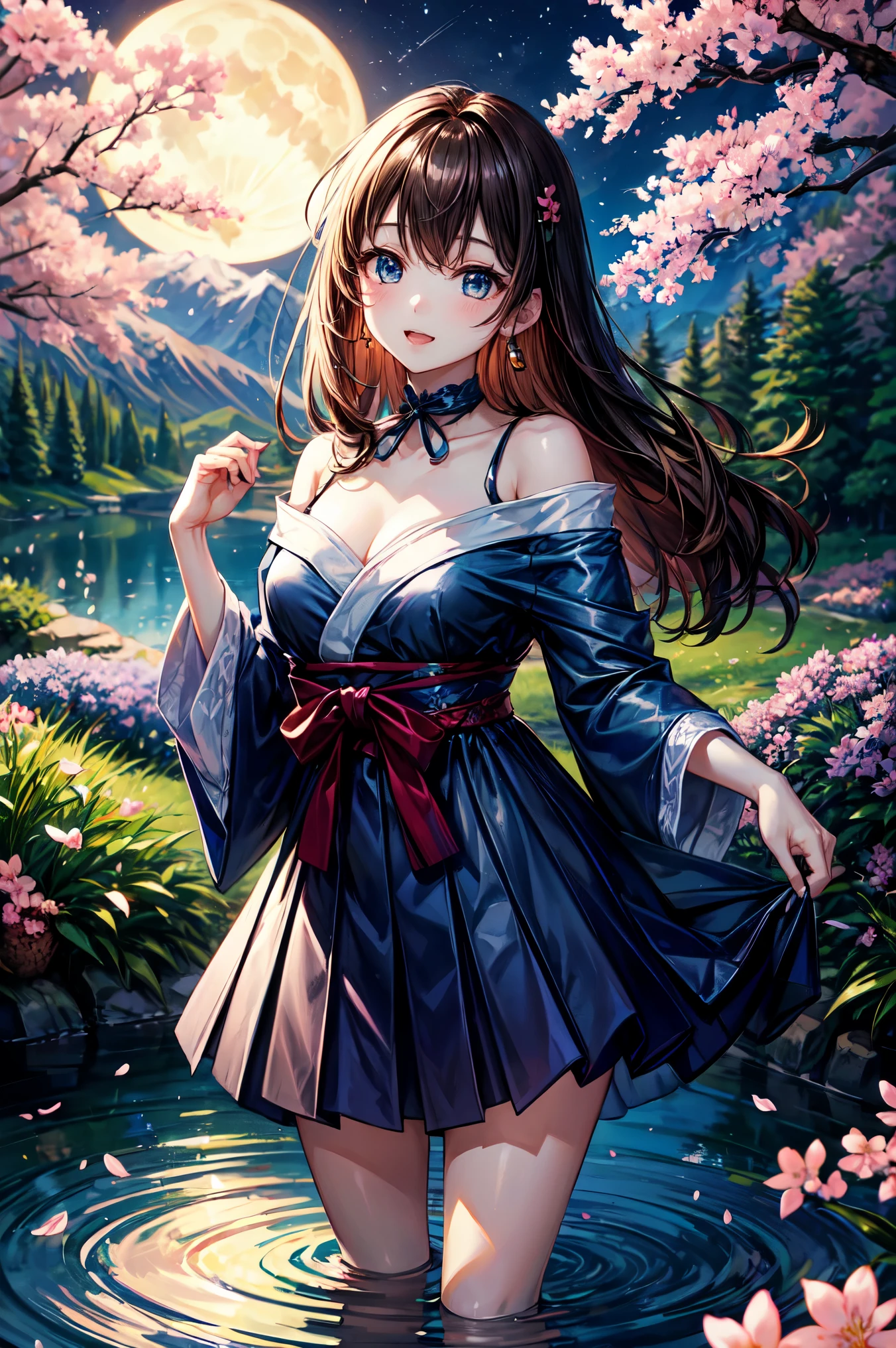highest quality、very delicate and beautiful、masterpiece、16K、night、full moon、18-year-old 、Japanese、、brown hair、blue eyes、shiny skin、dense lips、valley、beautiful breasts、blue dress、off shoulder、laughter、standing、Prickett、Pond in the background、forest、cherry blossoms