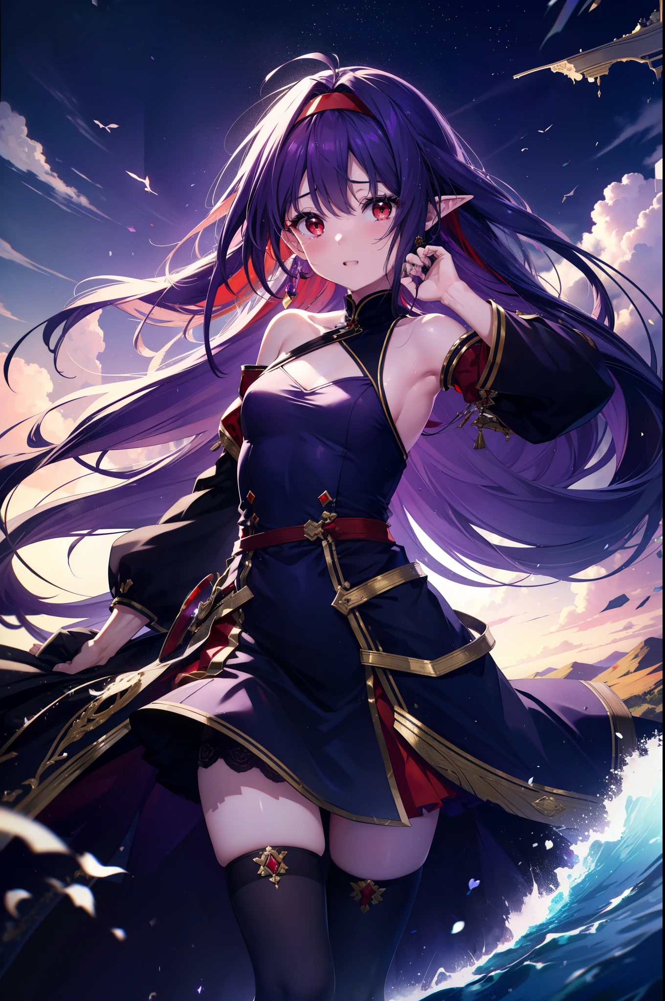 yuukikonno, Yuki Konno, hair band, long hair, pointed ears, purple hair, (red eyes:1.5), (small breasts:1.2), open your mouth,open your mouth,crying with both eyes closed,tears run down her face,
break black Thighhighs, removed sleeve, Thighhighs, dress, purple dress, armor, purple armor,
break looking at viewer, Upper body, full body,
break outdoors, forest, nature,
break (masterpiece:1.2), highest quality, High resolution, unity 8k wallpaper, (figure:0.8), (detailed and beautiful eyes:1.6), highly detailed face, perfect lighting, Very detailed CG, (perfect hands, perfect anatomy),