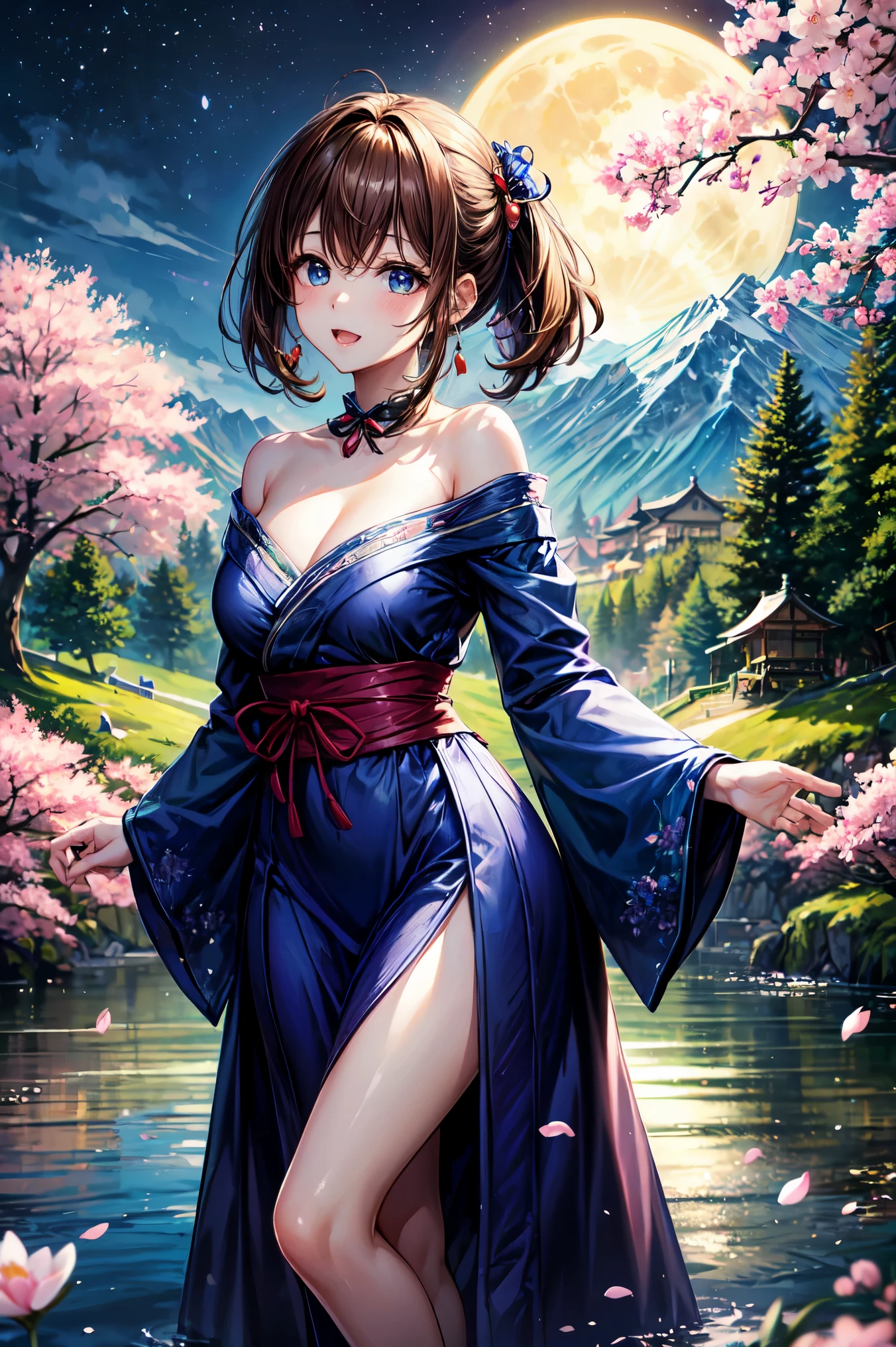 Cute girl on a bridge with a cherry tree for the background in spring, thigh highs, large breasts, cute, masterpiece, high quality, good lighting, cherry blossom 