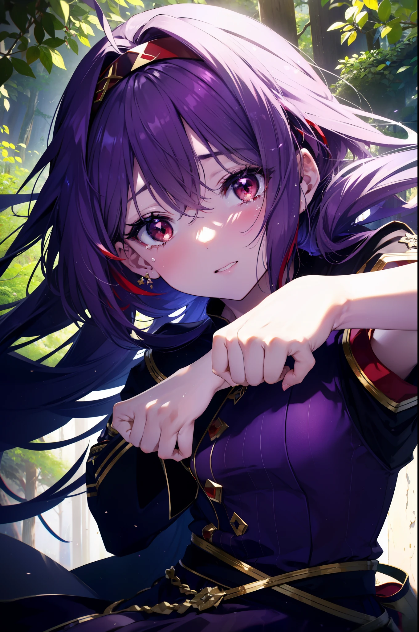 yuukikonno, Yuki Konno, hair band, long hair, pointed ears, purple hair, (red eyes:1.5), (small breasts:1.2), open your mouth,open your mouth,crying with both eyes closed,tears run down her face,
break black Thighhighs, removed sleeve, Thighhighs, dress, purple dress, armor, purple armor,
break looking at viewer, Upper body, full body,
break outdoors, forest, nature,
break (masterpiece:1.2), highest quality, High resolution, unity 8k wallpaper, (figure:0.8), (detailed and beautiful eyes:1.6), highly detailed face, perfect lighting, Very detailed CG, (perfect hands, perfect anatomy),