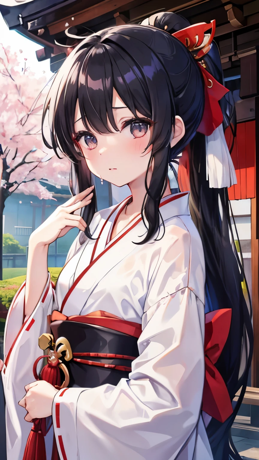,girl,best image quality,,black hair,,black eyes, white skin,,long hair,ponytail,half eyes,,wet with sweat,,,,kimono,Hakama,,shrine maiden,cherry blossoms,shrine,cherry blossoms吹雪,small,,,