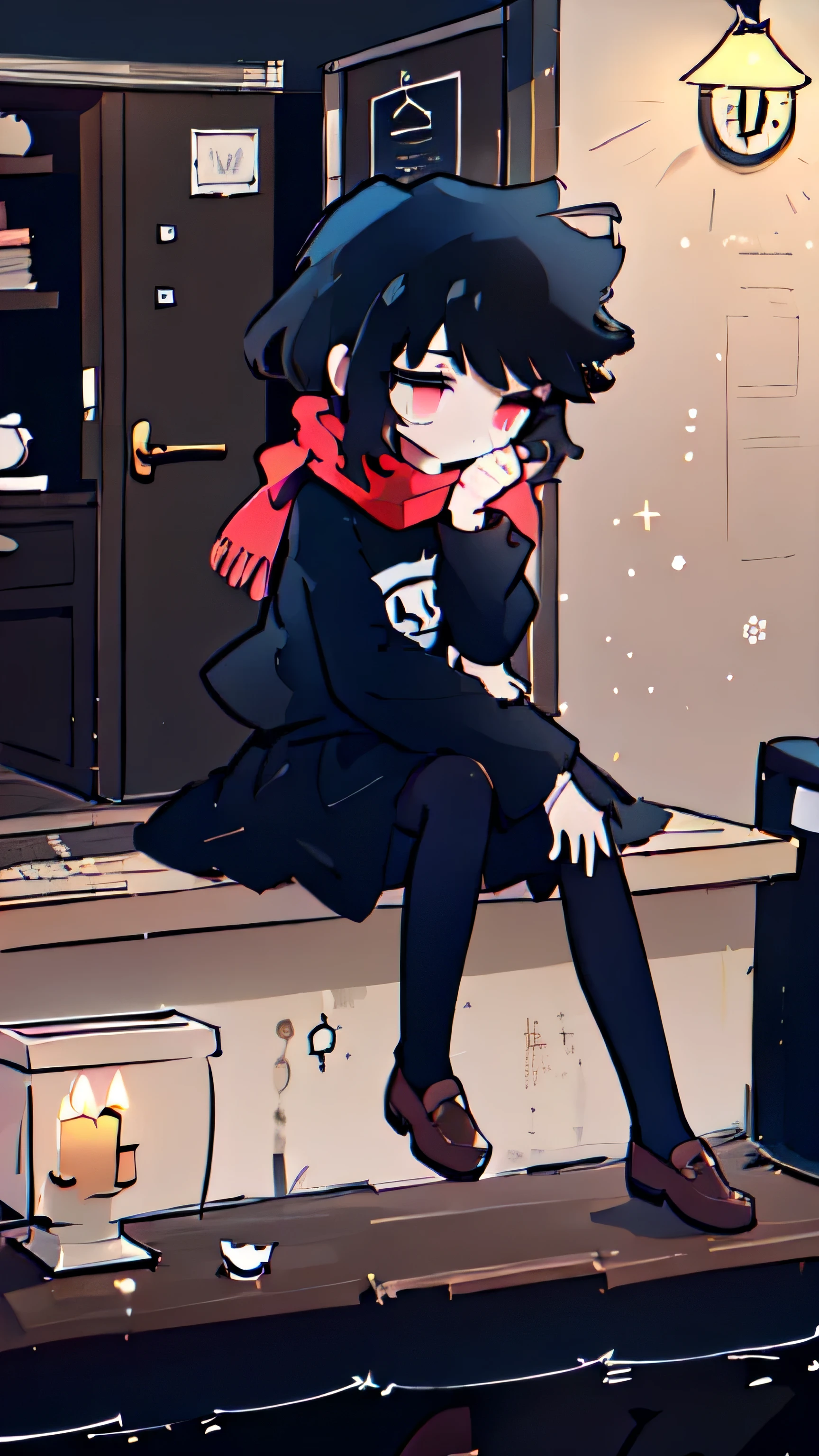 
a girl , wearing red scarf , long dress , old dress , black hair , long hair , sad facial expression , sad , sad face , black dress , sitting on stairs , black room , black walls , dark  fog ,  clock on wall